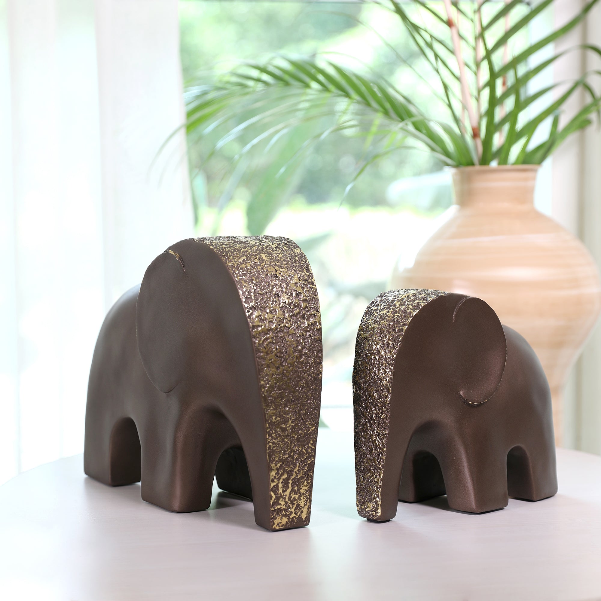 Miraya Contemporary Textured Elephant Polyresin Hand Finished Figurine Bronze 24cm by Living Essence