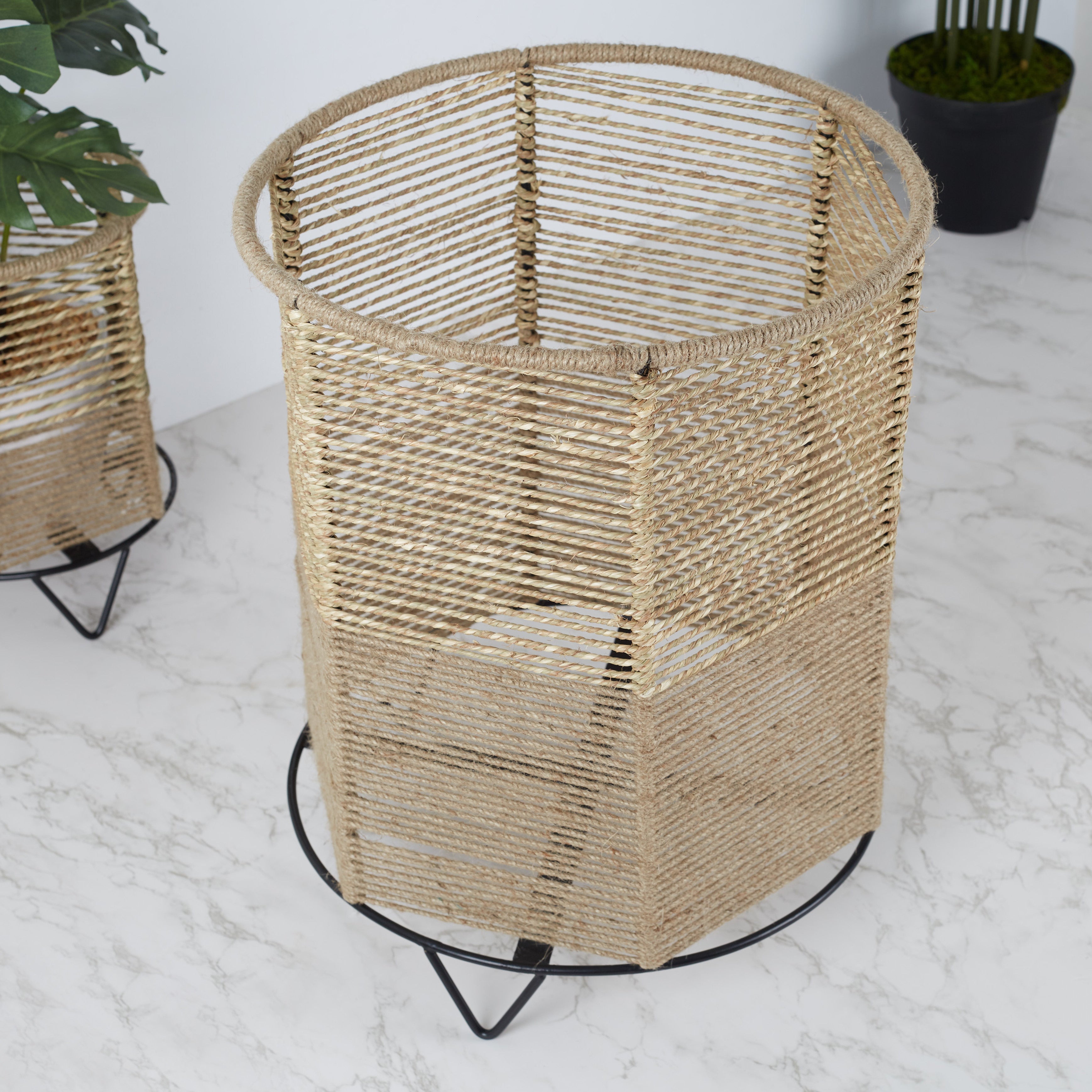 Boho Metal And Natural Fiber Planter Stand 42Cm in Brown Colour