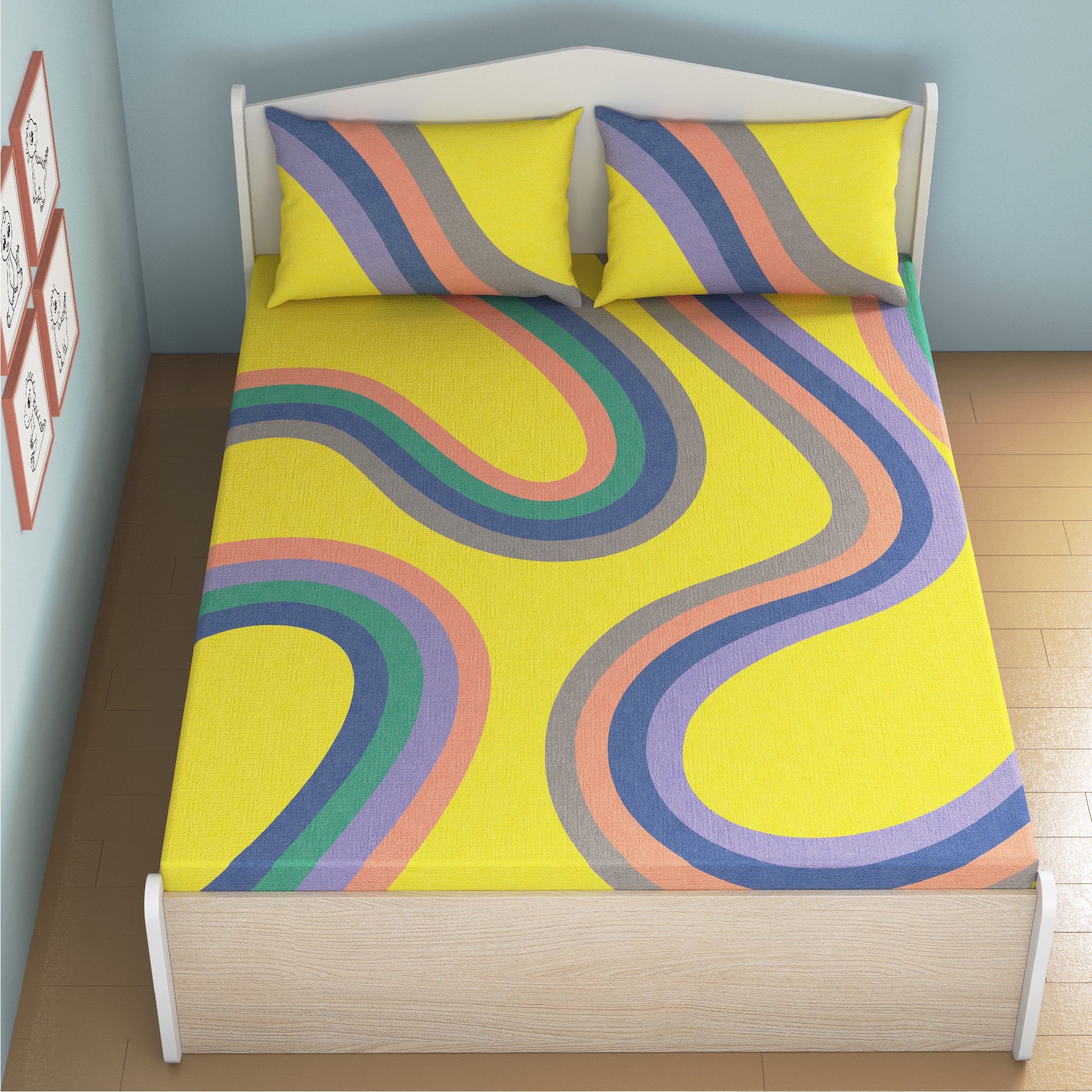 Winding Roads Bamboo Cotton Queen Fitted Bedsheet in Yellow Colour
