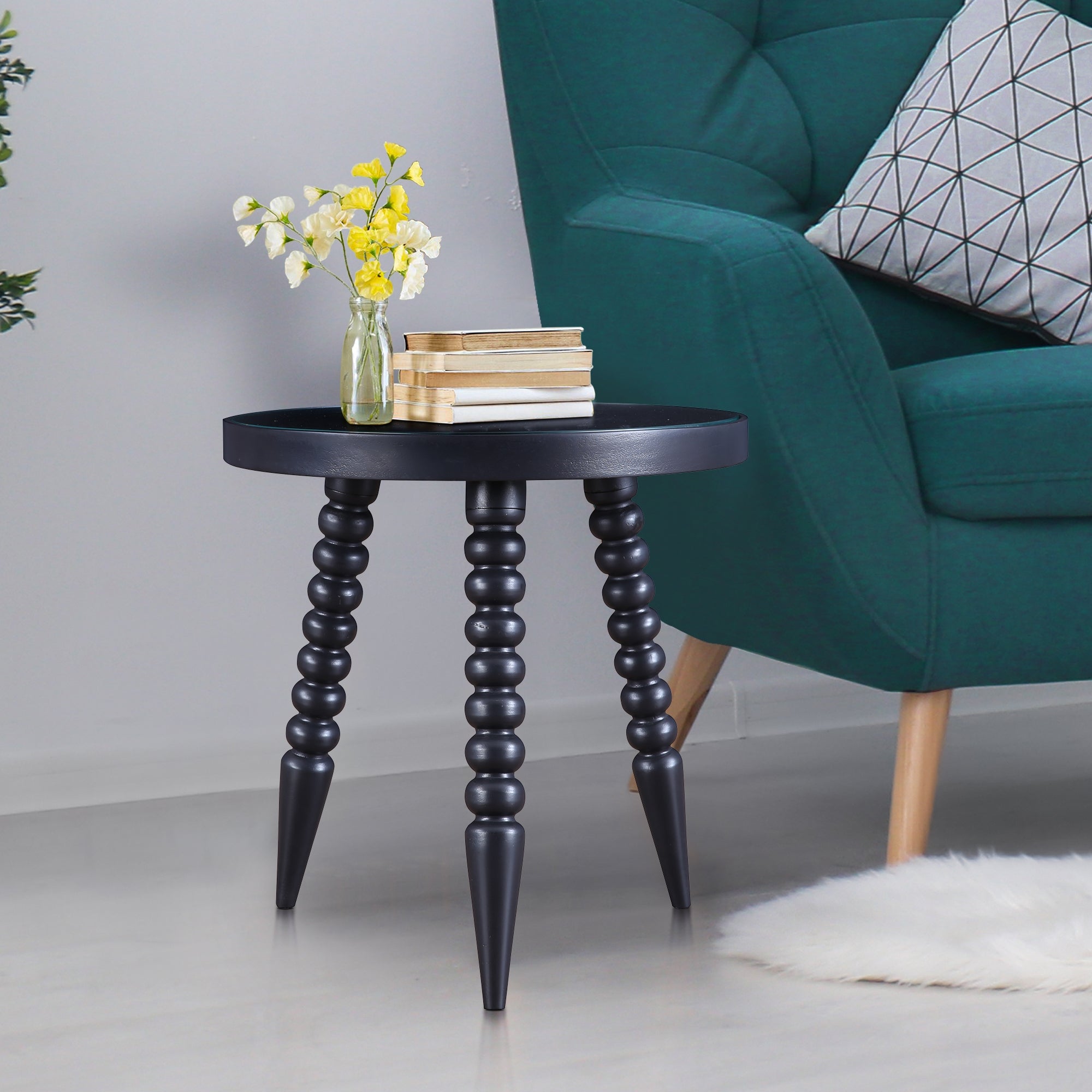 Antico Mango Wood Carved Stool in Black Colour
