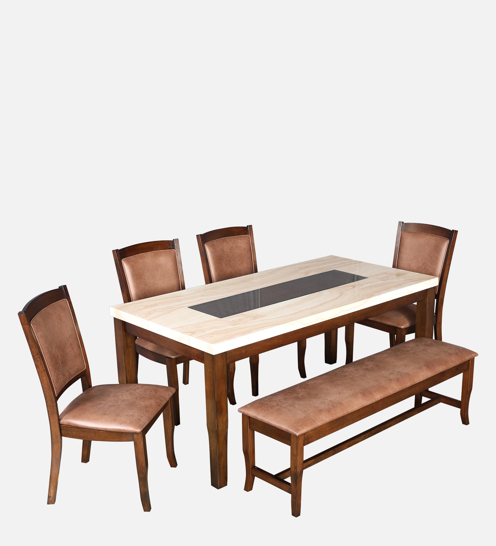 Nexus Marble Finish Six Seater Dining Set With Bench in Antique Cherry Colour