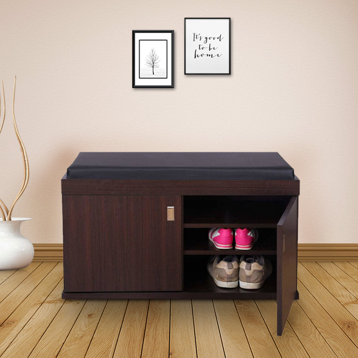 HomeTown Engineered Wood 2 door Shoe Rack with Seat in Wenge Colour