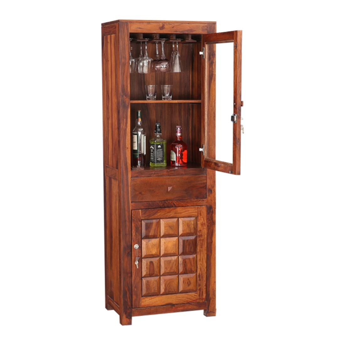 Woodrow Sheesham Wood(Rosewood) Tall Bar Cabinet in HONEY Colour