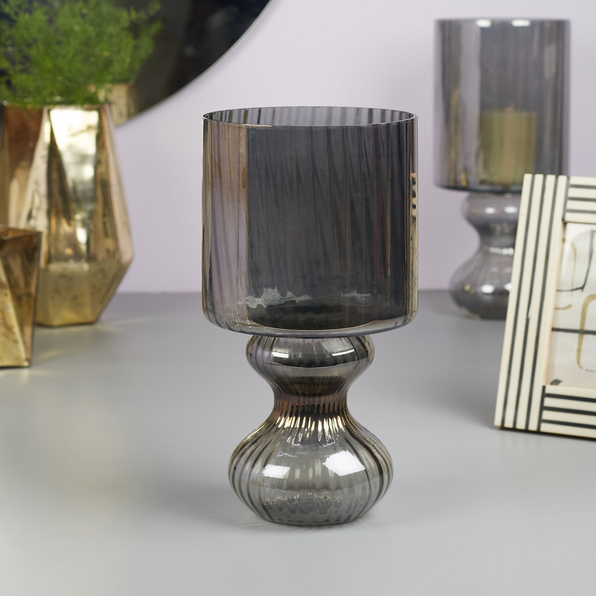 Phiona Glass Fluted Handcrafted Hurricane 29Cm in Black Colour