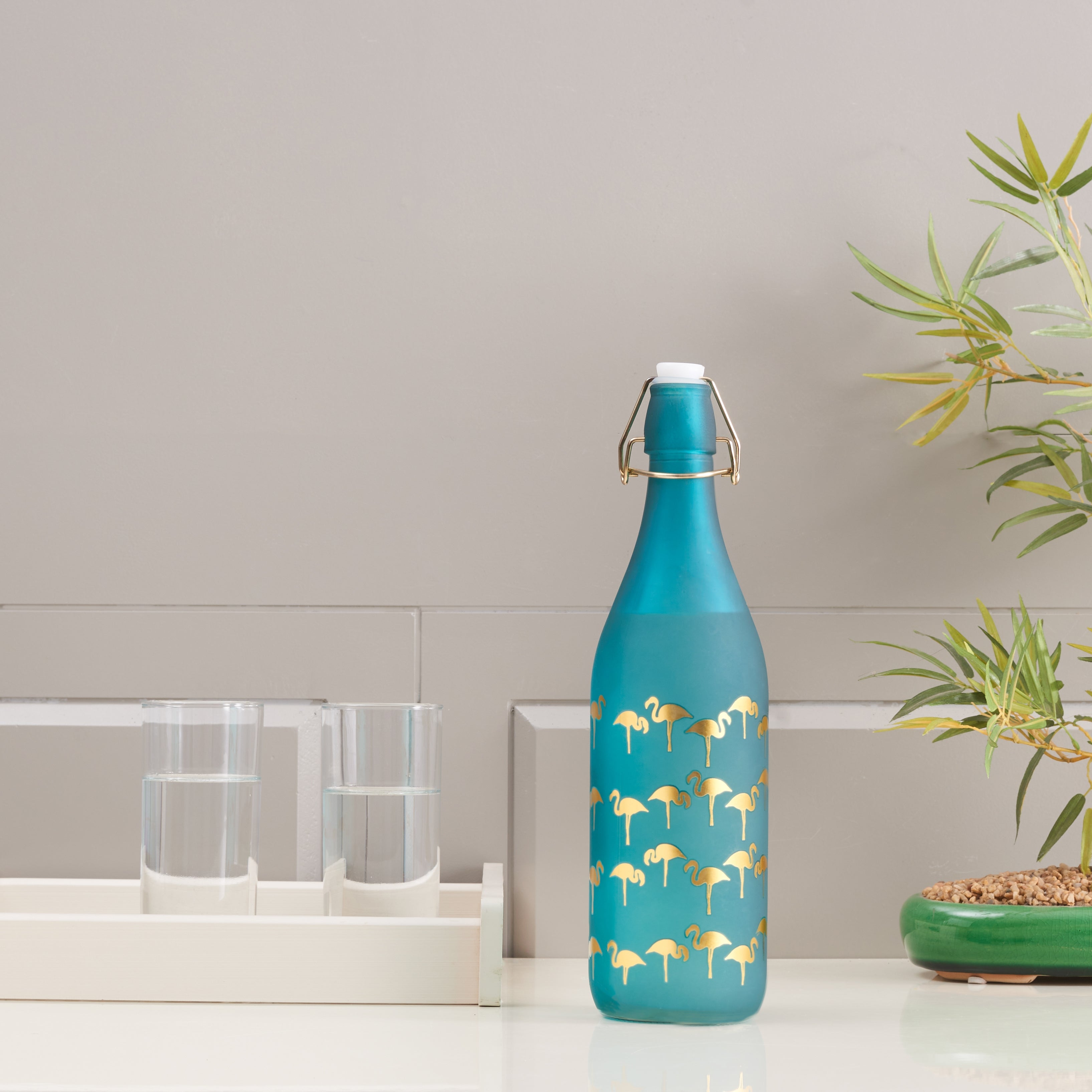 Bahamas Glass Teal Frosted Gold Bottle 1L in Teal Colour