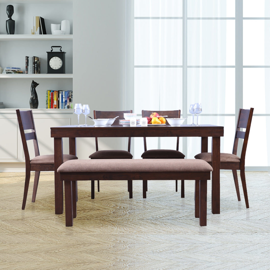 Hopton Solidwood 6 Seater Dining Set With Bench in Walnut Colour