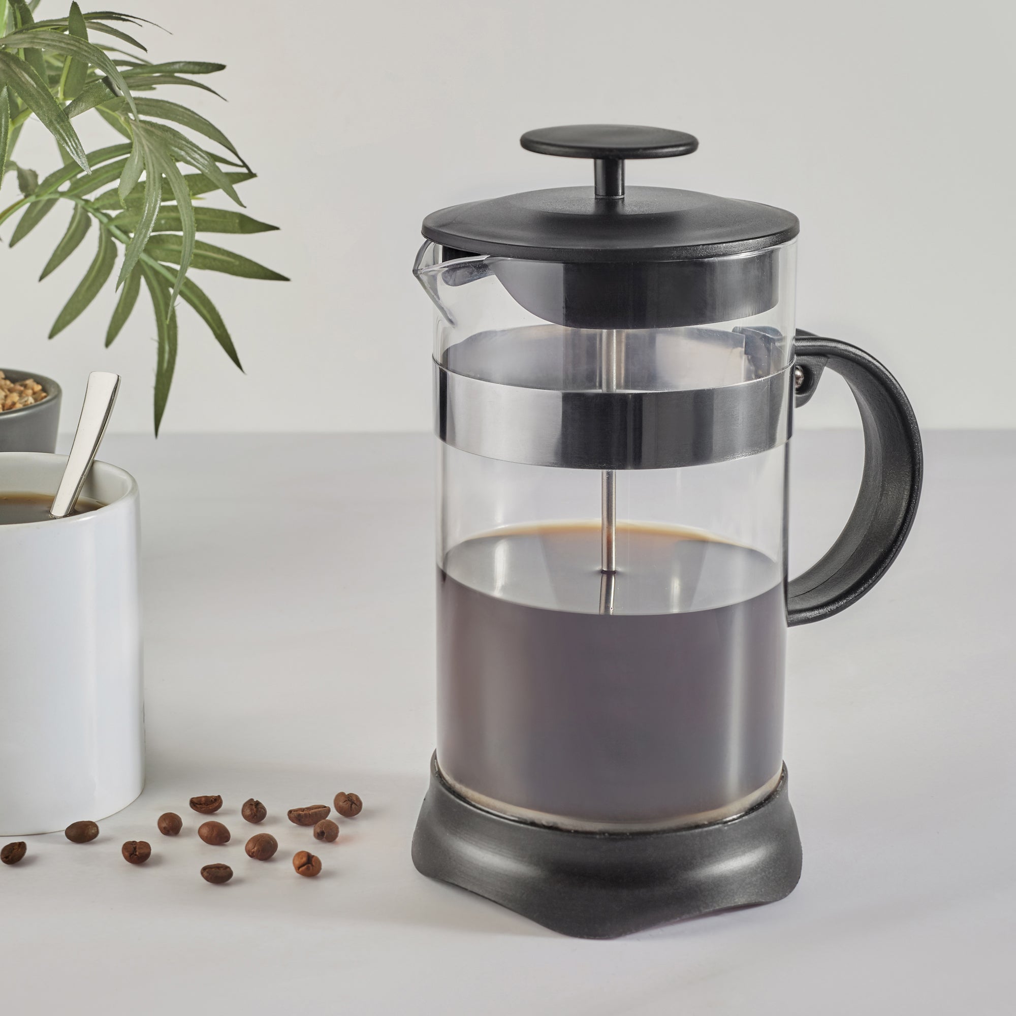 Brew Borosilicate Glass and Plastic French Press Coffee Plunger 1 Ltr in Transparent & Black Colour