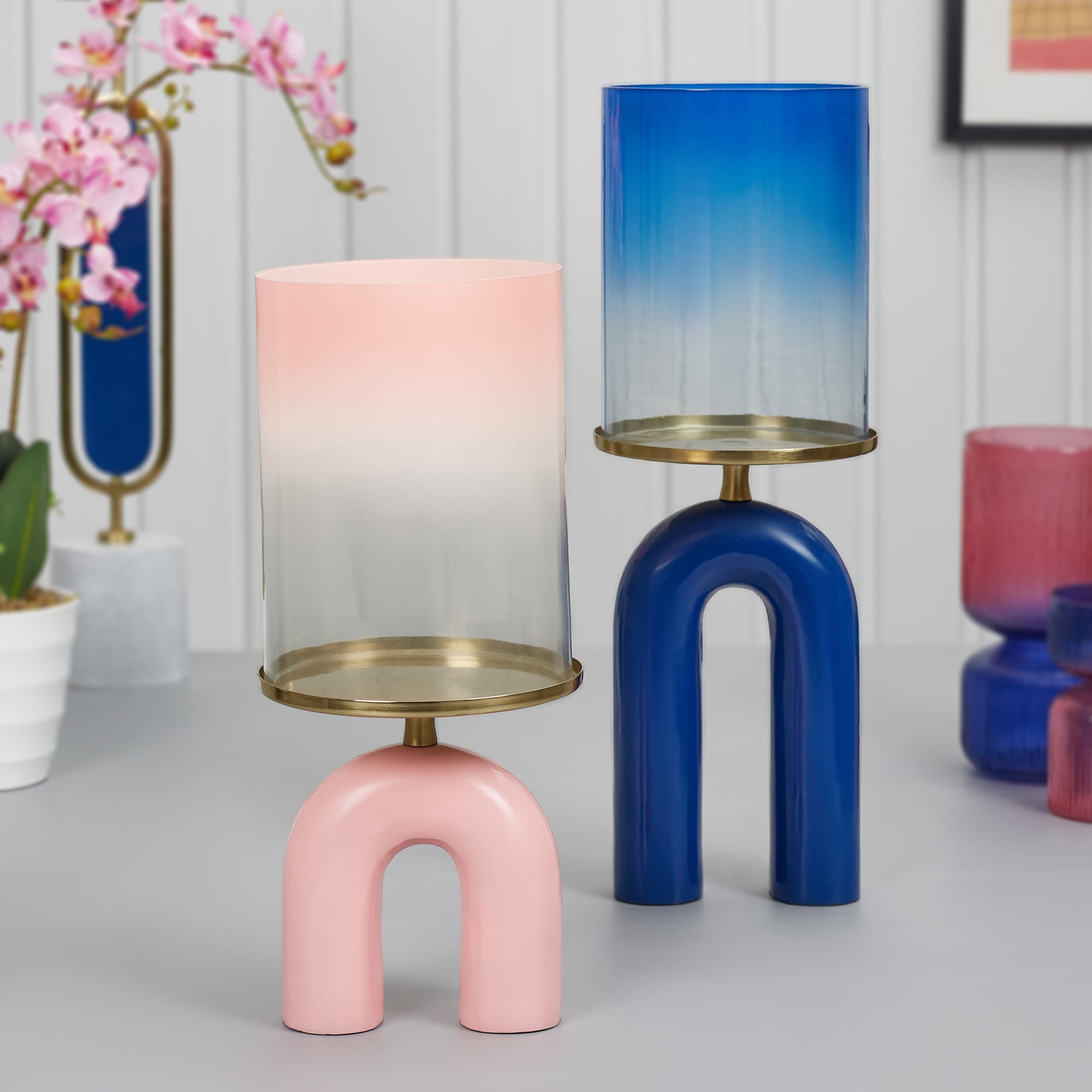 Athena Aluminium and Glass Rainbow Candle Holder 15x41 Cm in Navy Blue Colour