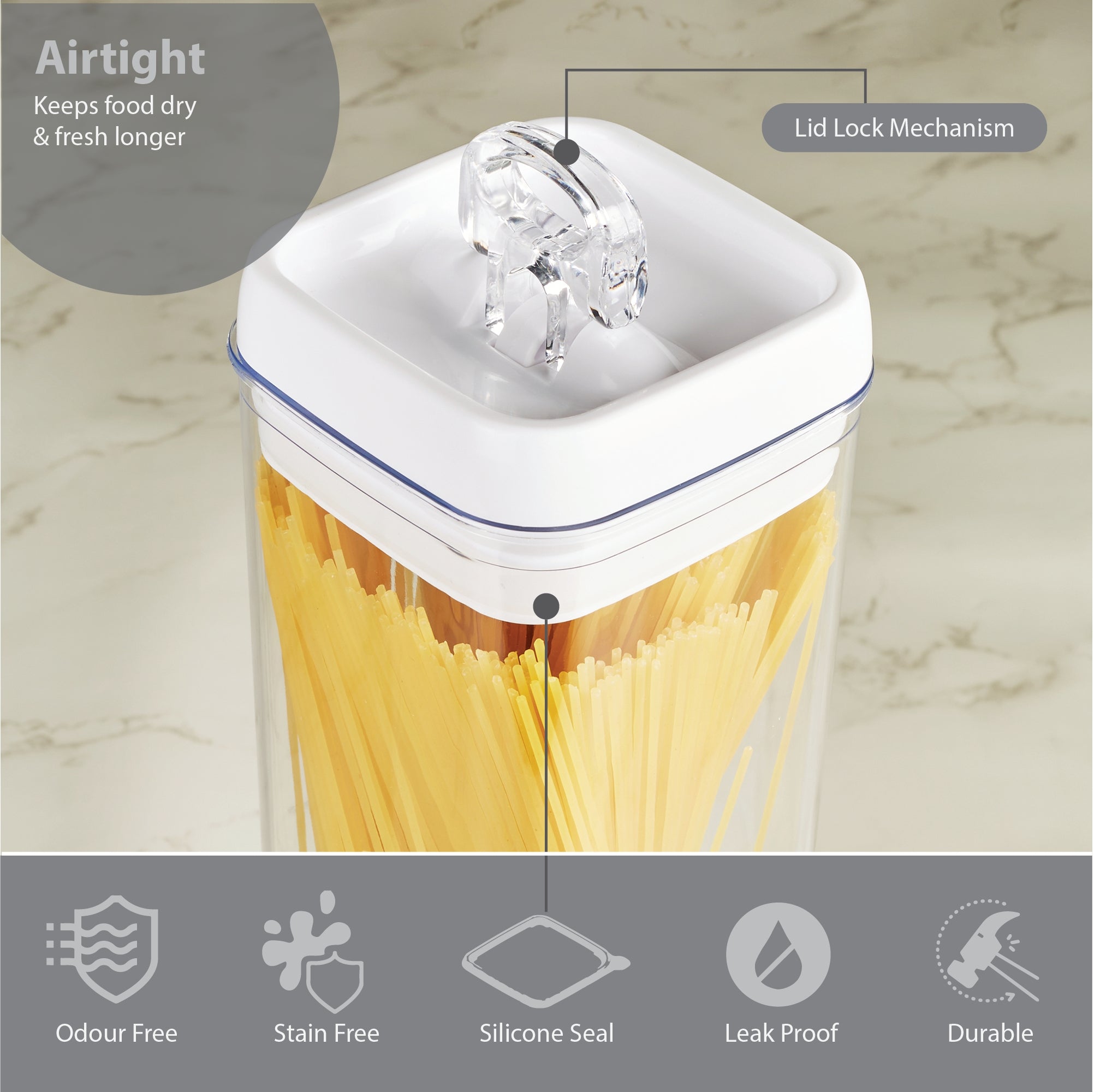 Robusto BPA Free Easy Lock Square Container 800ml in Transparent & White Colour