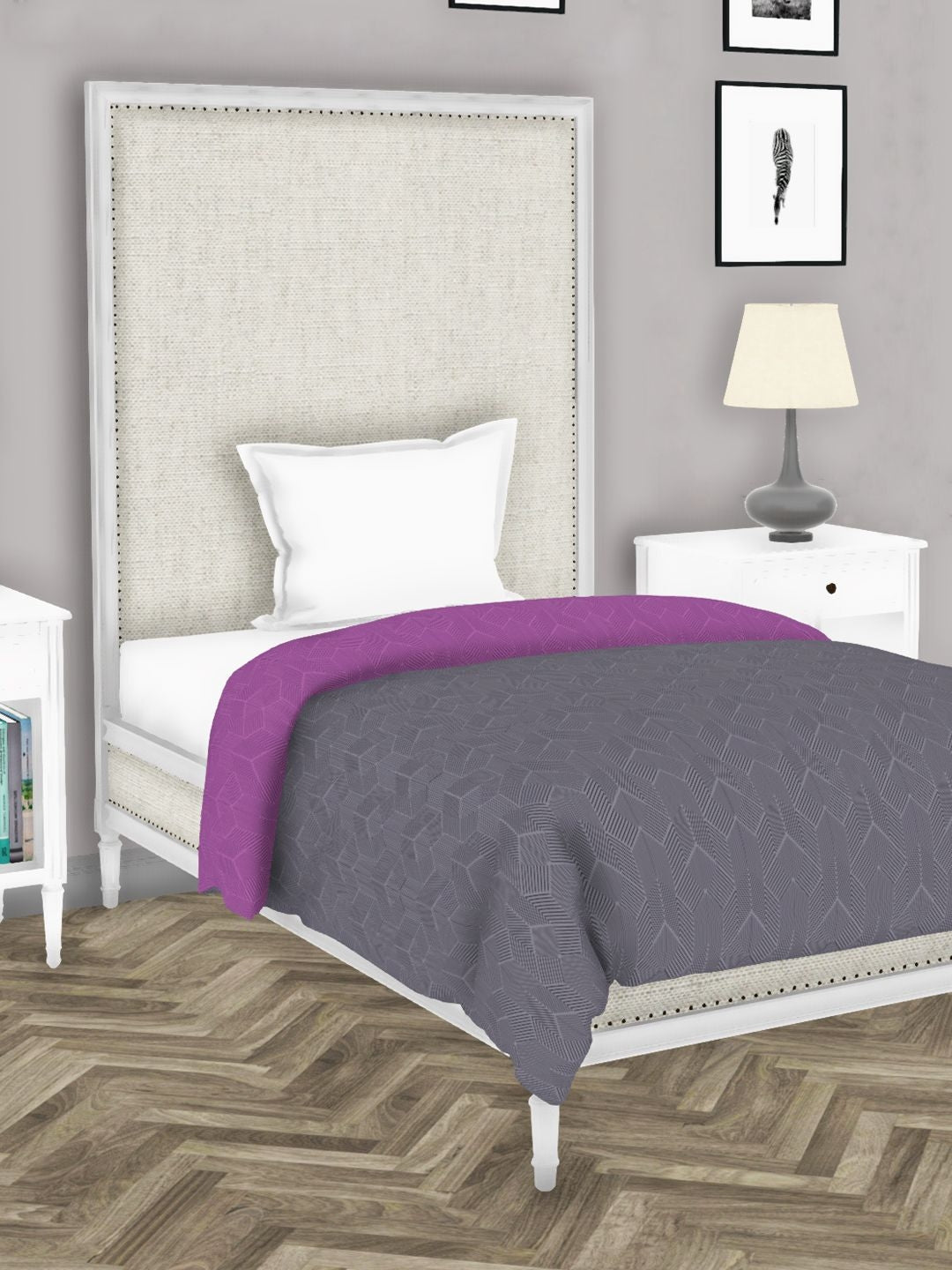 Botanical Cotton Single Comforter 152X229 Cm in Grey/Purple Colour