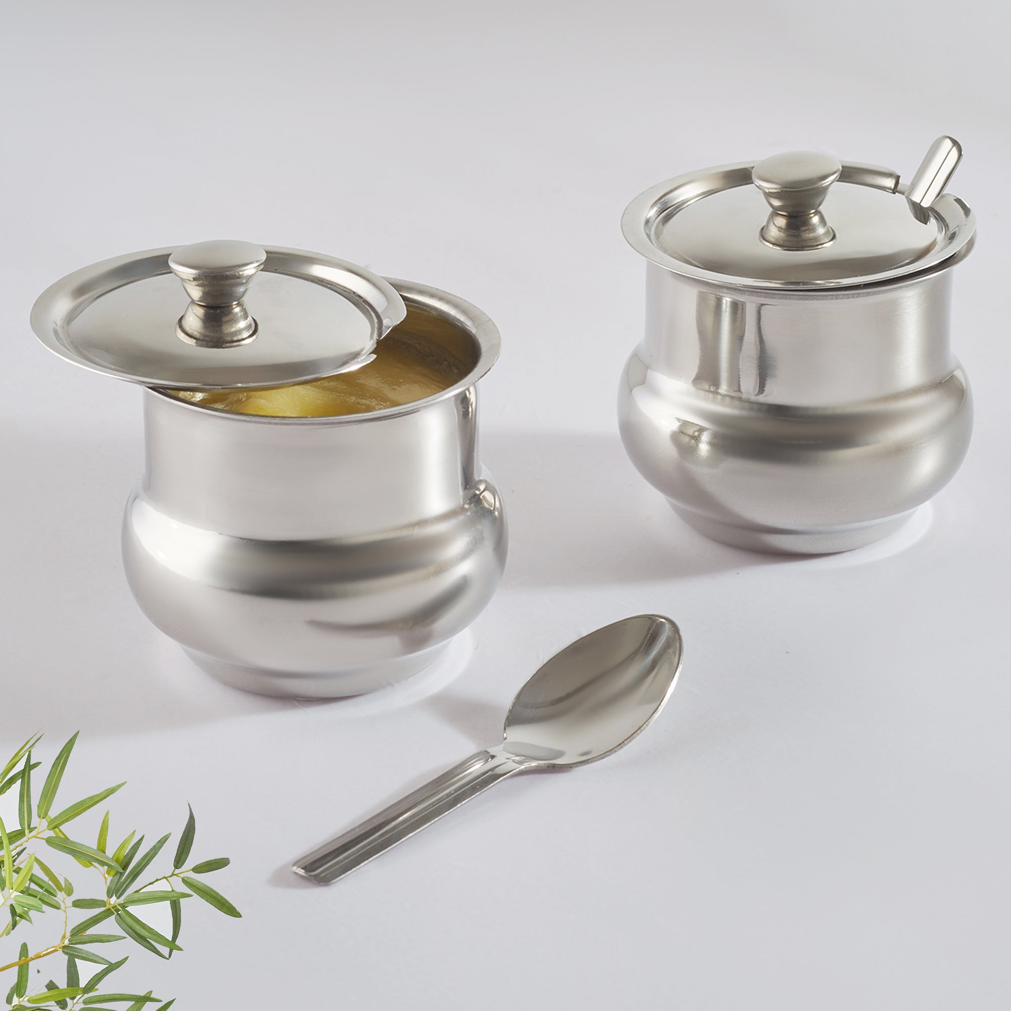 Glisto Stainless Steel Ghee Pot with Spoon Set of 2 in Silver Colour