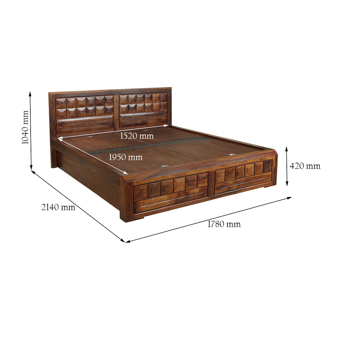 Woodrow Sheesham Wood(Rosewood) Queen bed with Box storage in Honey Colour