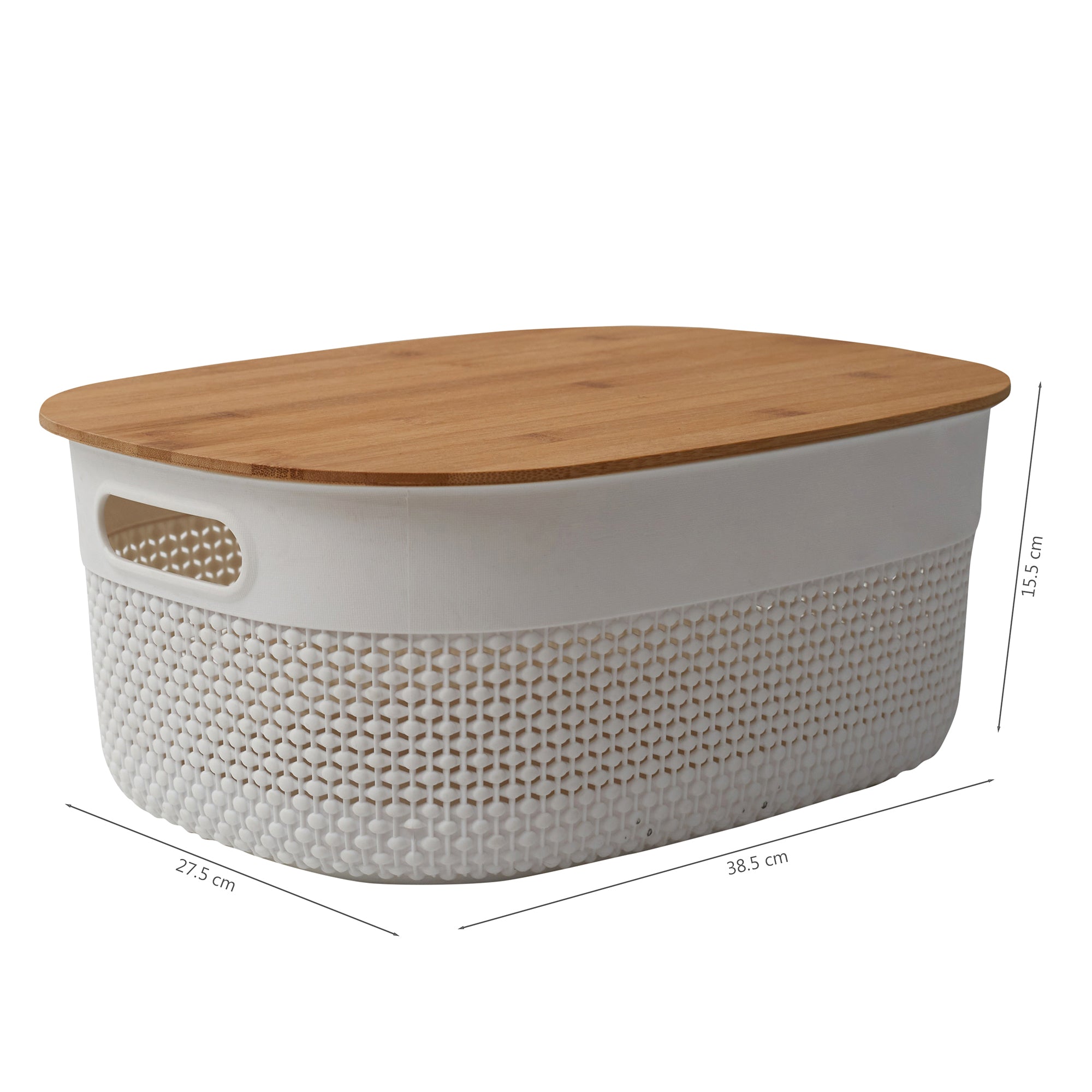 Stereo Plastic Oval Basket With Bamboo Lid 11.5 Ltr in White Colour