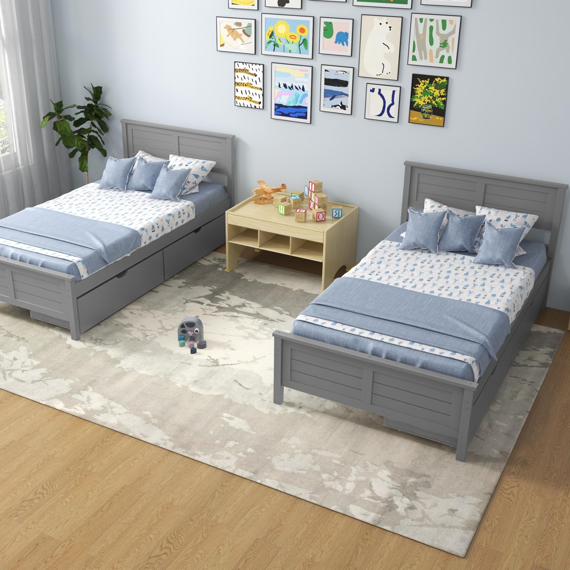 Wood Bed Frame with 2 Storage Drawers