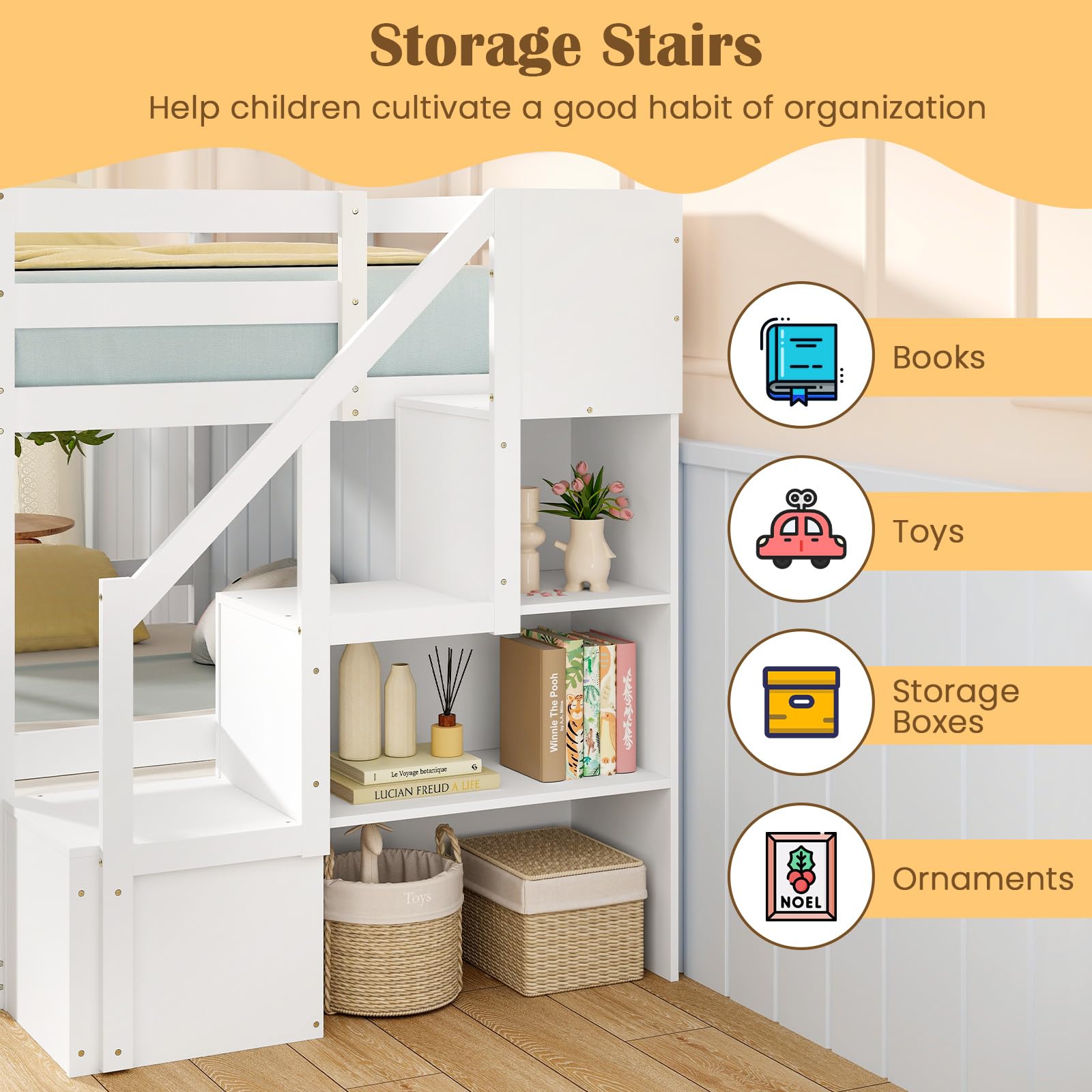 Bunk Bed with Stairs, Solid Wood Floor Bunk Bed with Storage Staircase & Full-Length Guardrails