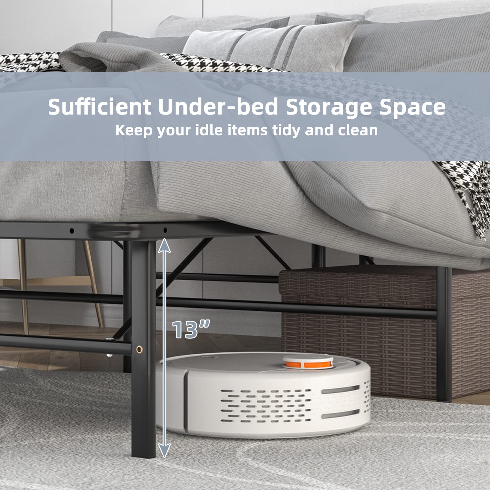 14 Inch Foldable Metal Platform Bed Frame, Tool-Free Assemble, Heavy Duty Folding Bed Frame w/Steel Slat & Underbed Storage