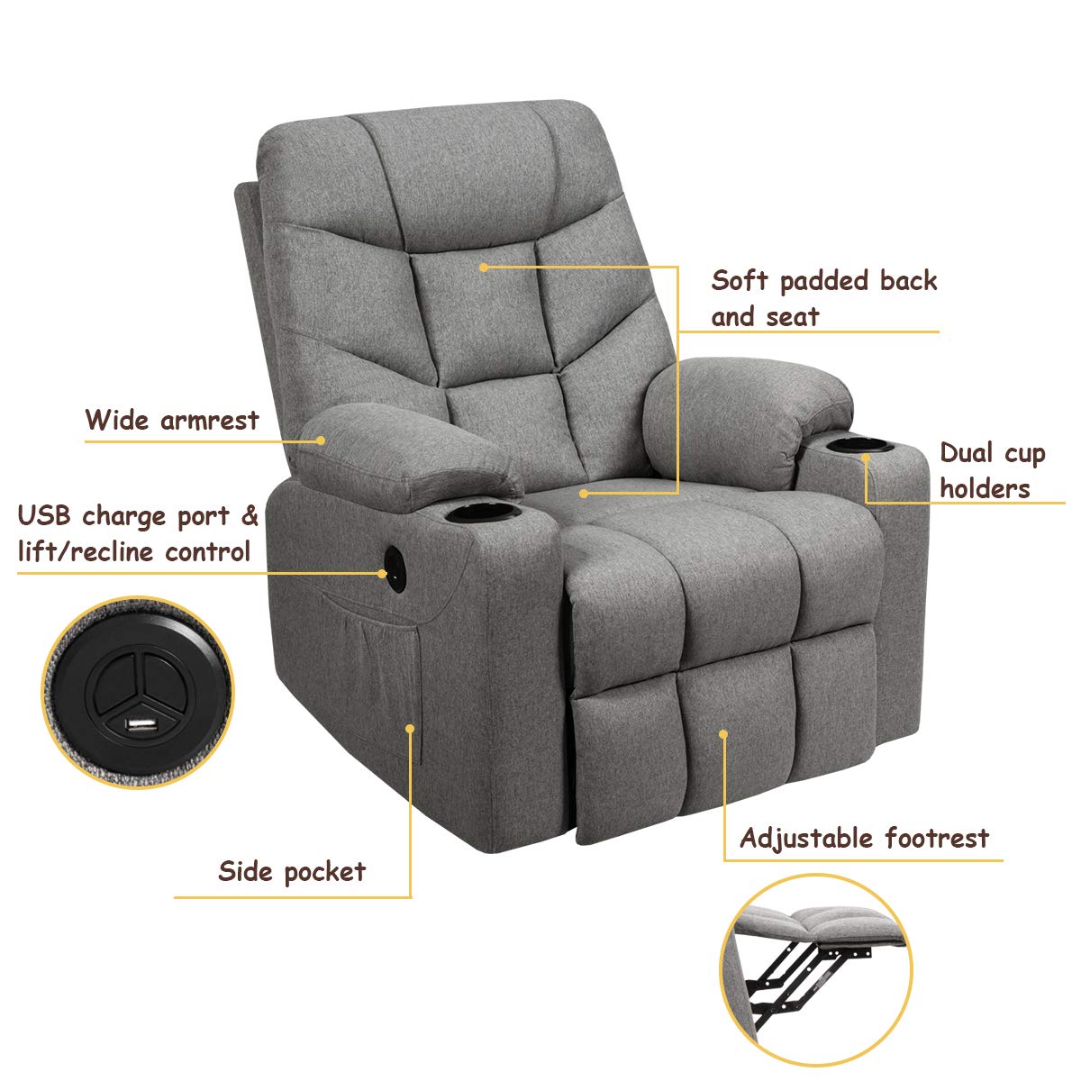 Power Lift Chair Electric Recliner Sofa for Elderly w/ 8 Point Massage & Lumbar Heat