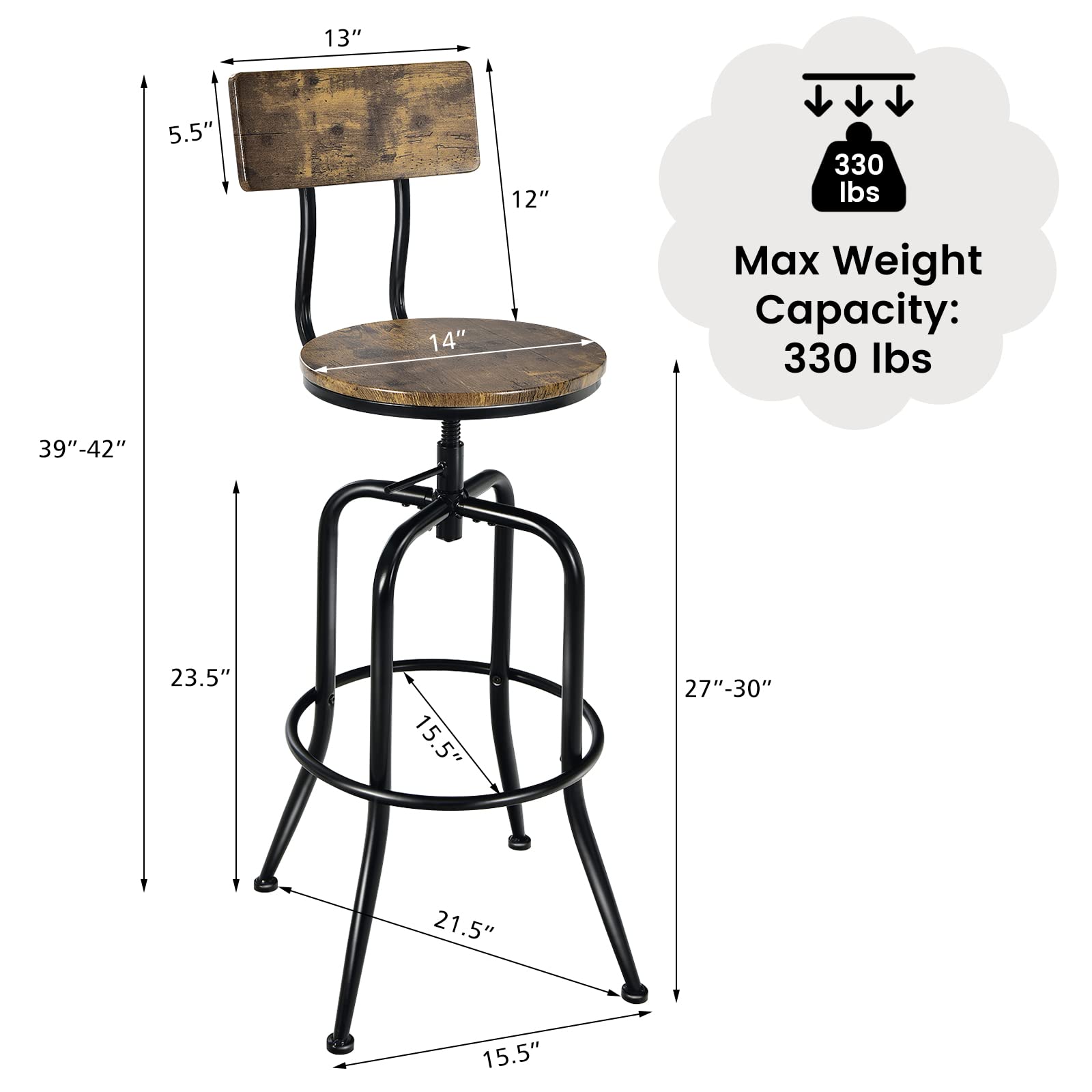 Bar Stools Set of 2/4, Industrial Counter Height Bar Chairs with Height Adjustable Seat, Arc-shaped Backrest & Footrest