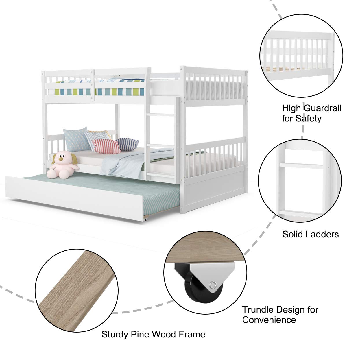 Full Over Full Wood Bunk Bed with Trundle, Ladder, Solid Wood Frame & Safety Guardrails