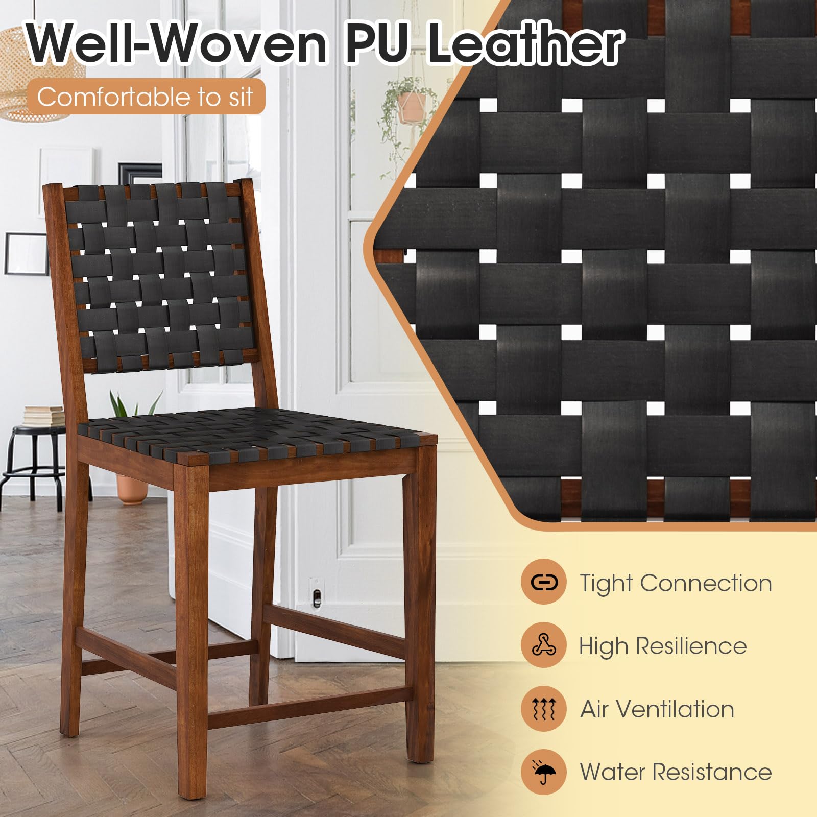 24" Counter Height Bar Stools Set of 2/4, Solid Wood Woven Rustic Barstools w/Faux PU Leather Straps