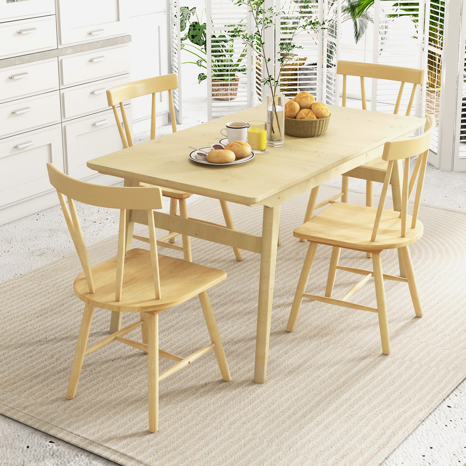Set of 2/4 Windsor Chairs, Rubber Wood Dining Chairs with Spindle Back, Wide Seats, Anti-Slip Foot Pads