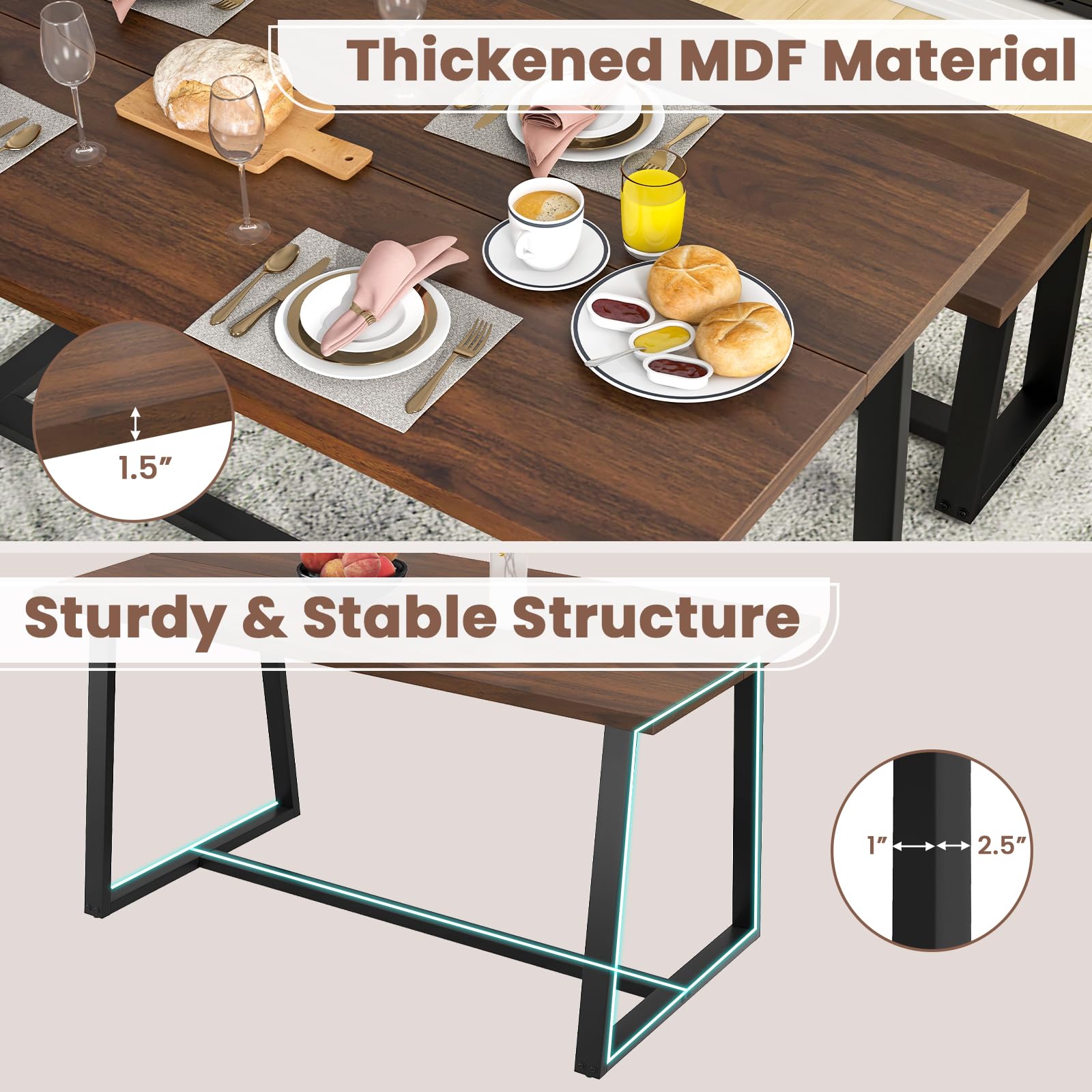 63" Rectangular Large Dining Table for 4-6, Mid-Century Kitchen Table w/Heavy-Duty Metal Frame