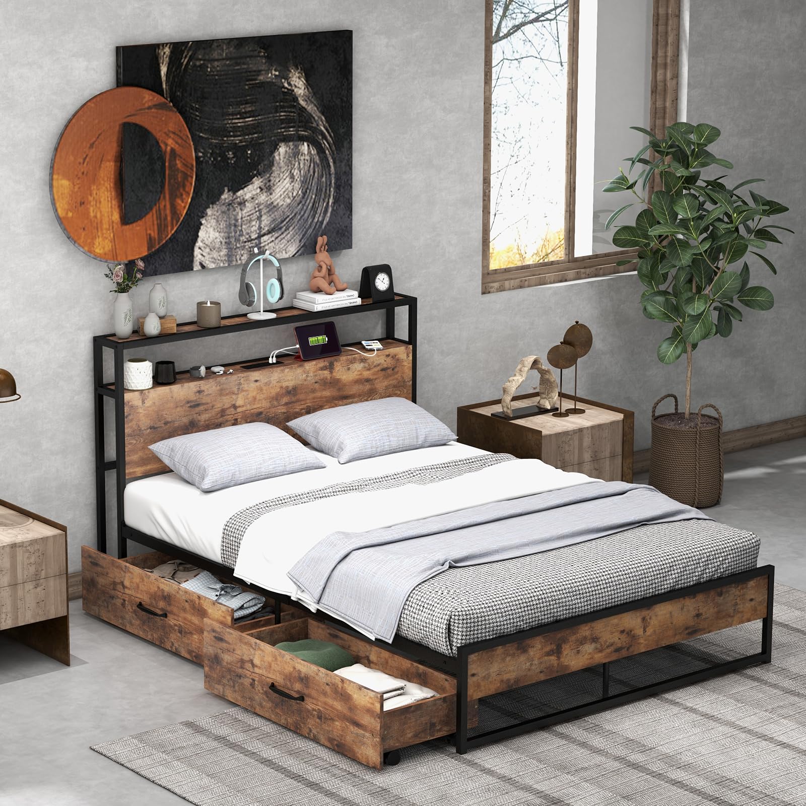 Bed Frame with 2 Storage Drawers and Charging Station, Rustic Metal Slats Support Mattress Foundation