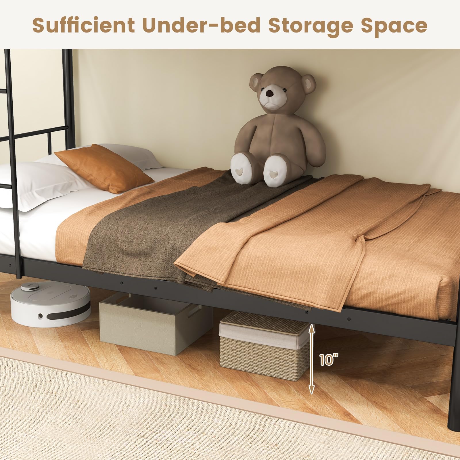 Twin Over Twin Metal Bunk Bed with Ladder & Full-Length Guardrails