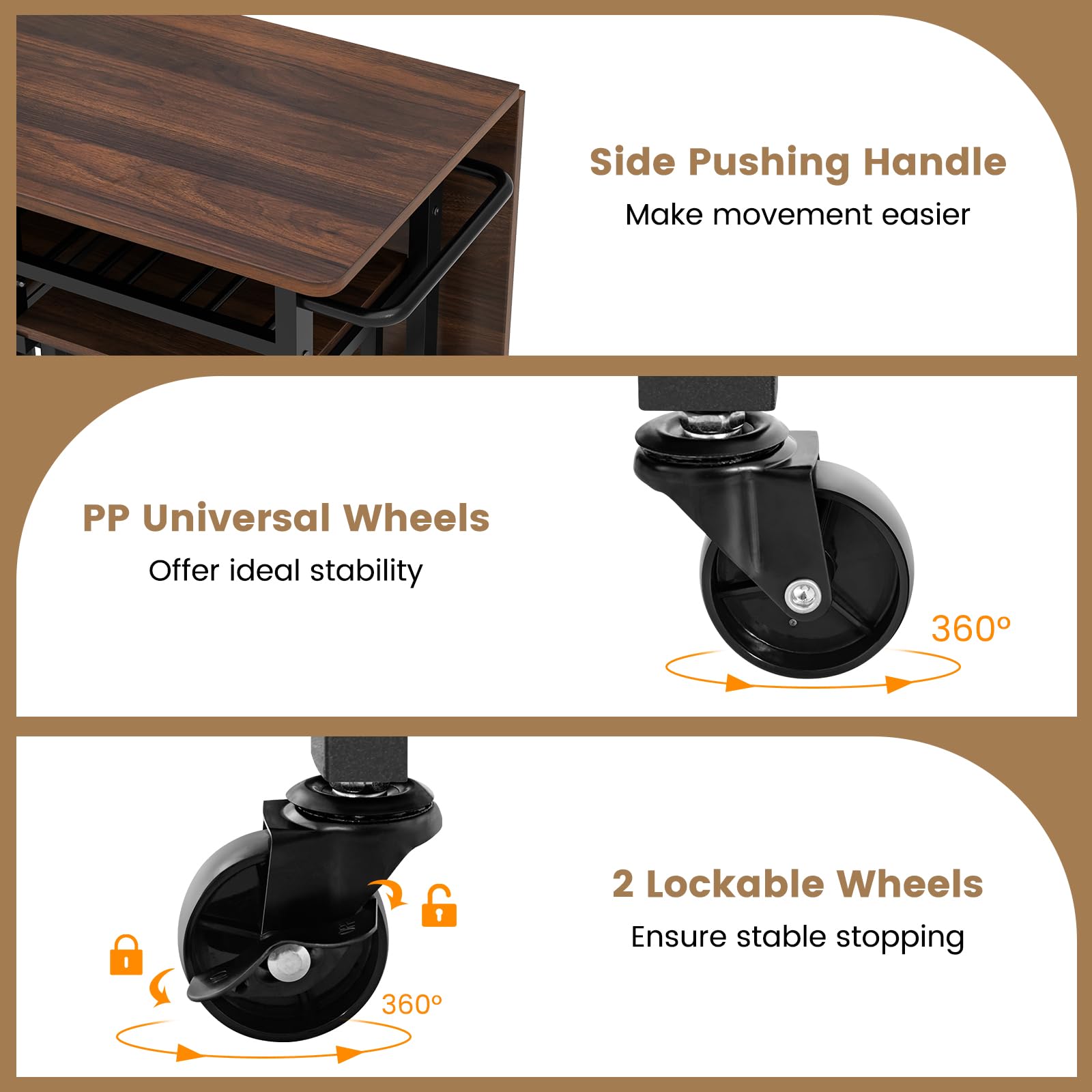 3 Piece Foldable Dining Table Set, Extendable Dining Table & 2 Stools Set w/ 6-Bottle Wine Rack, Shelves & Side Pushing Handle
