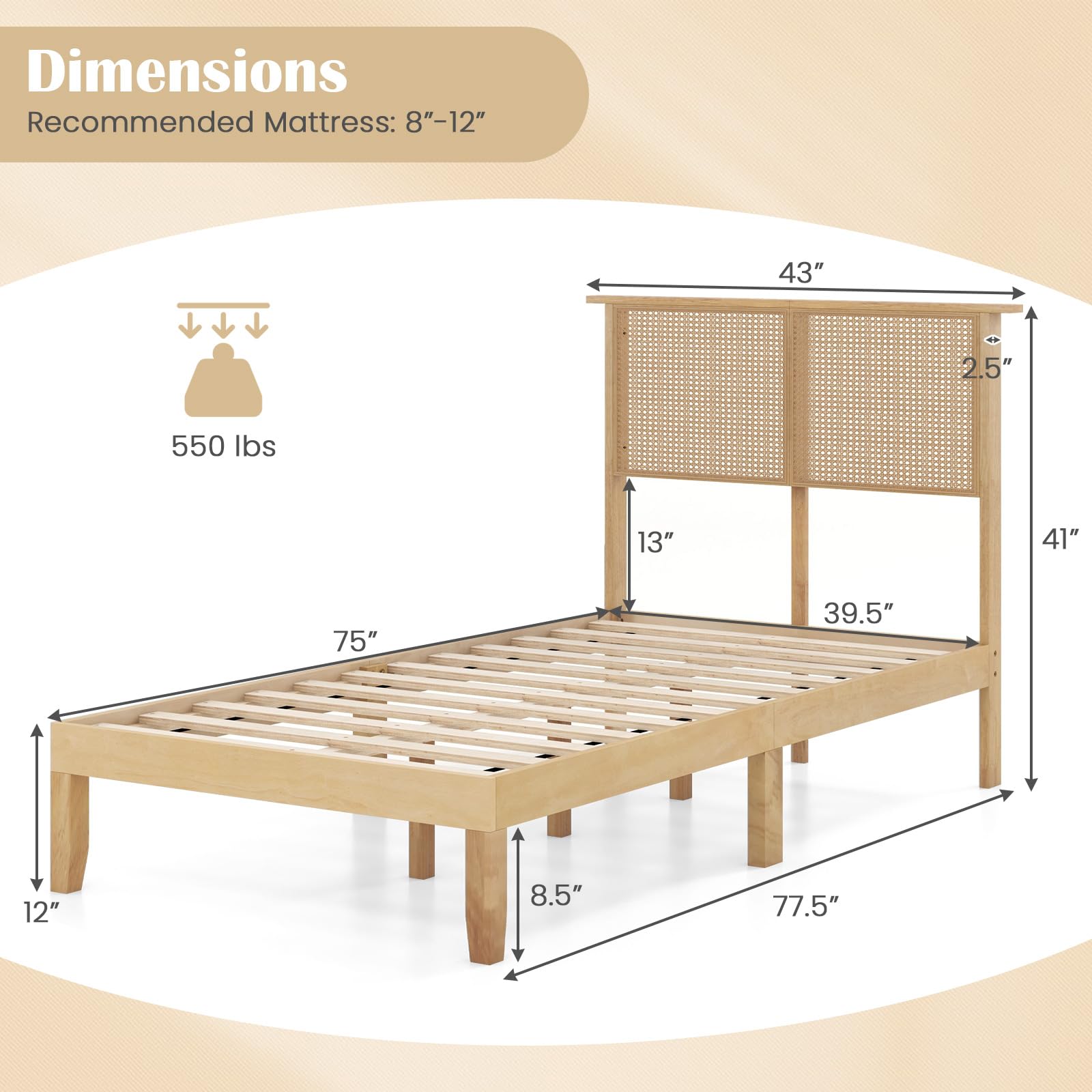 Wood Platform Bed Frame with Rattan Headboard, Wooden Slats & Under-Bed Storage