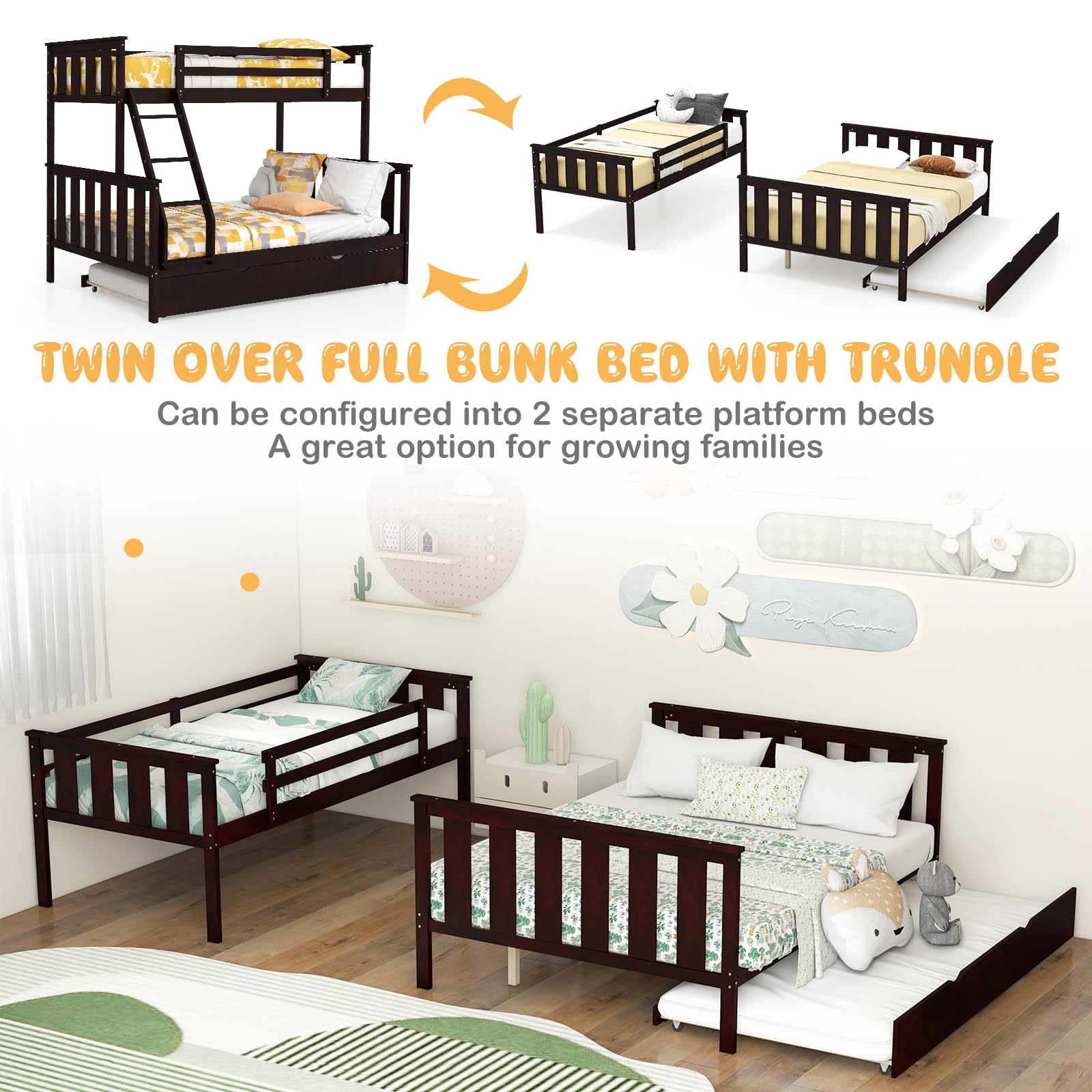 Convertible 3-in-1 Twin Over Full Bunk Bed with Trundle