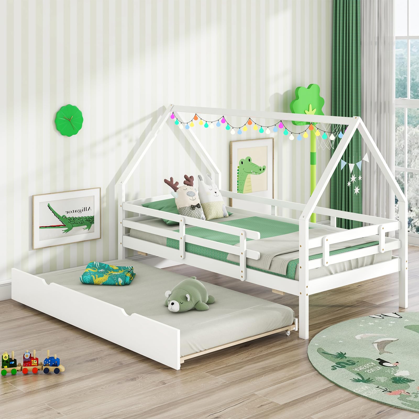 House Bed with Trundle Wood Bed Frame with Safety Rails & Roof