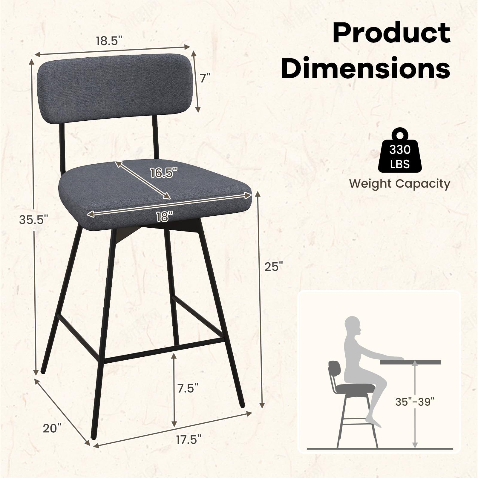 Bar Stools Set of 2/4, 25&rdquo; Upholstered Counter Height Bar Stools with Back