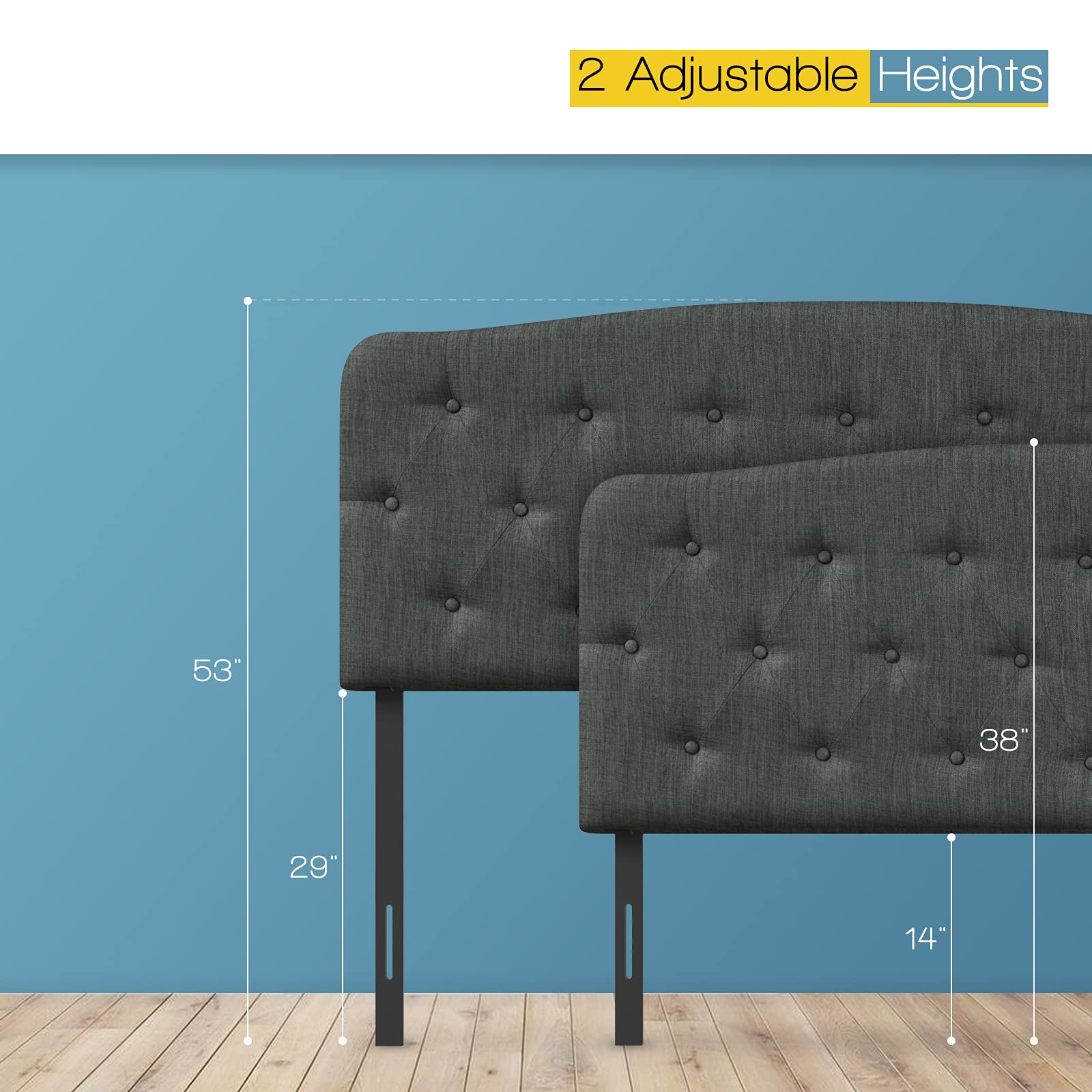 Upholstered Headboard, Adjustable Height from 38" to 53" Platform, Full Size