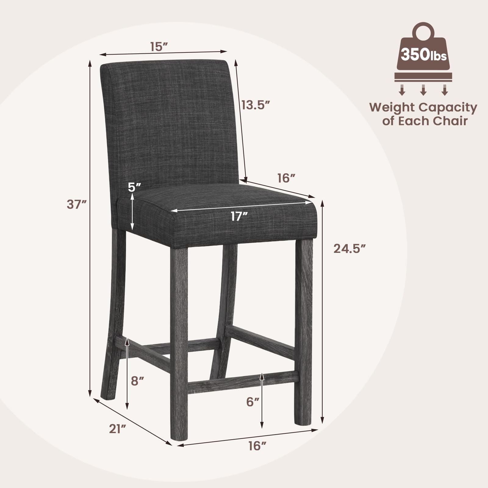 Upholstered Counter Height Bar Stools Set of 2/4 with Ergonomic Backrest, Solid Wood Frame