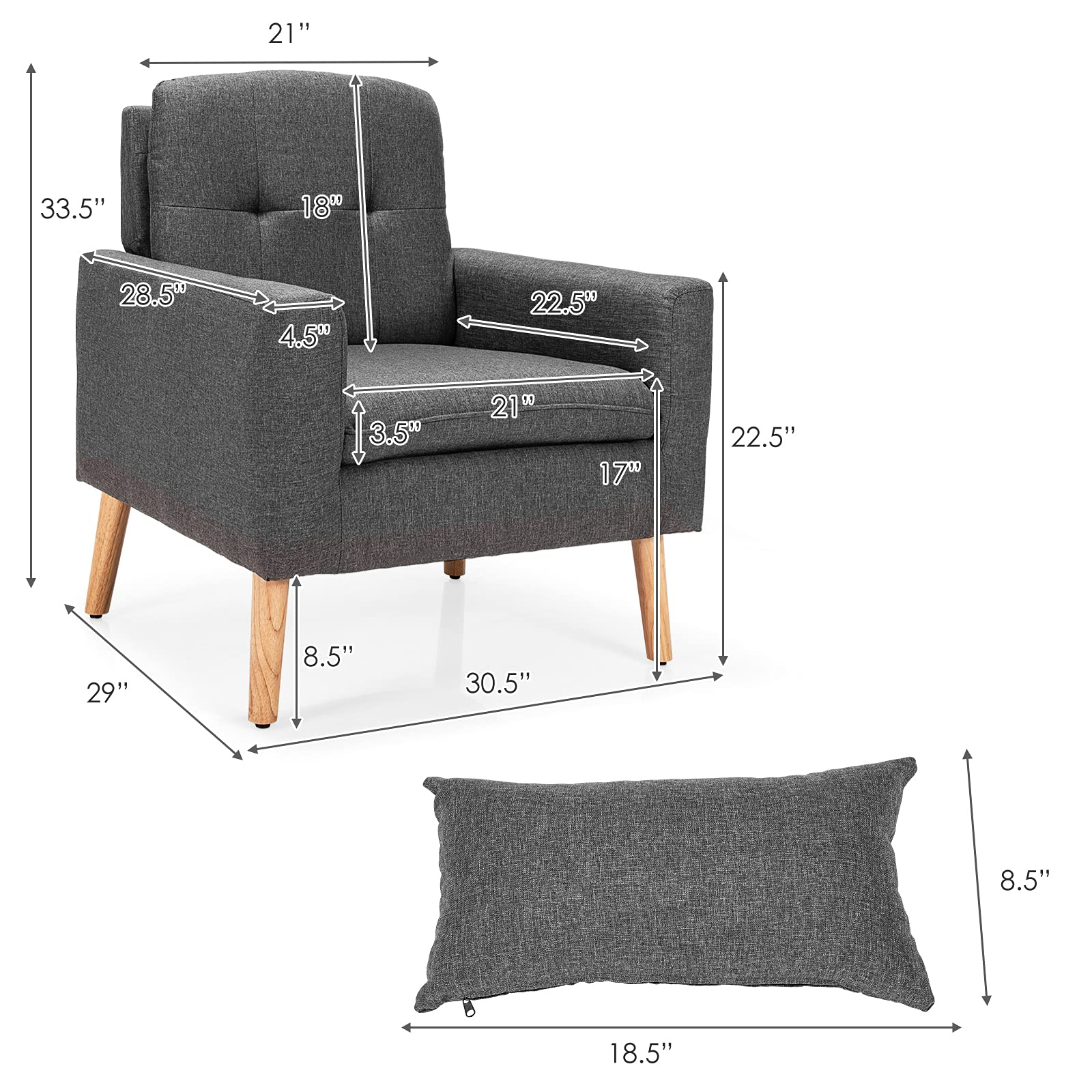 Modern Linen Accent Chair, Upholstered Tufted Armchair with Lumbar Pillow, Rubber Wood Legs, Padded Cushion