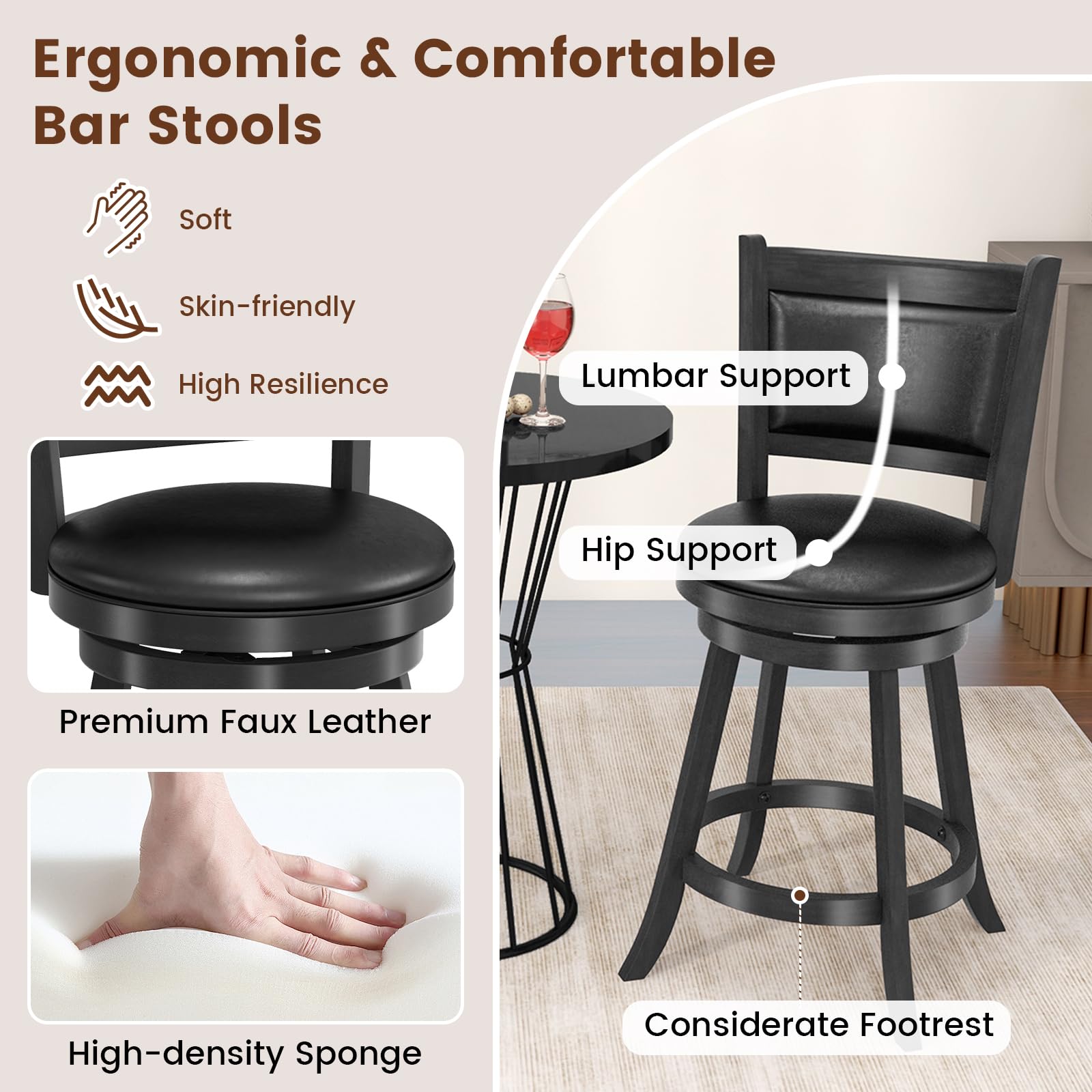 Bar Stools Set of 2/4 360 Degree Swivel, Accent Wooden Swivel Seat Counter Height Bar Stool