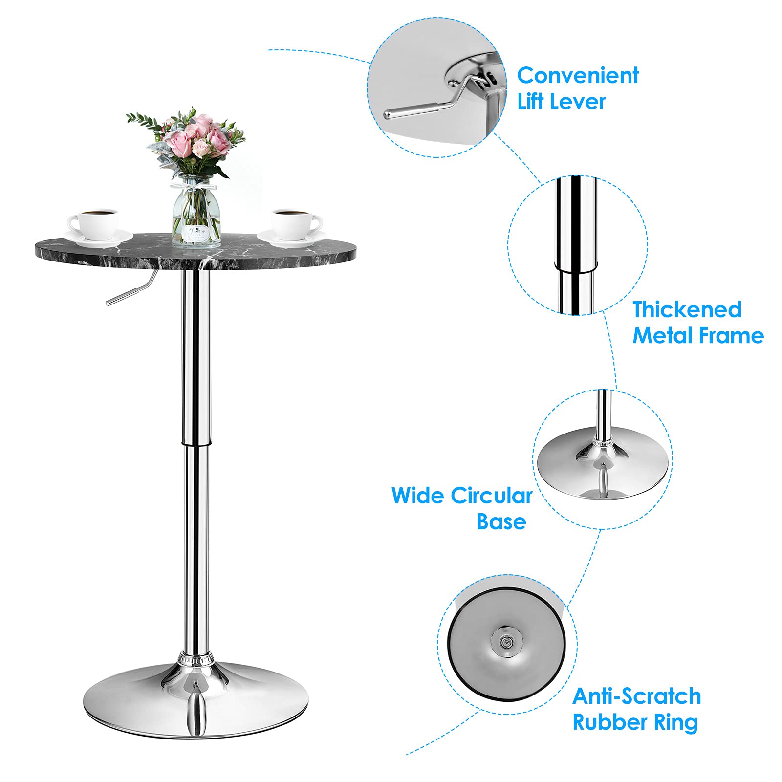 Round Pub Table Height Adjustable, 360&deg; Swivel Cocktail Pub Table with Sliver Leg and Base