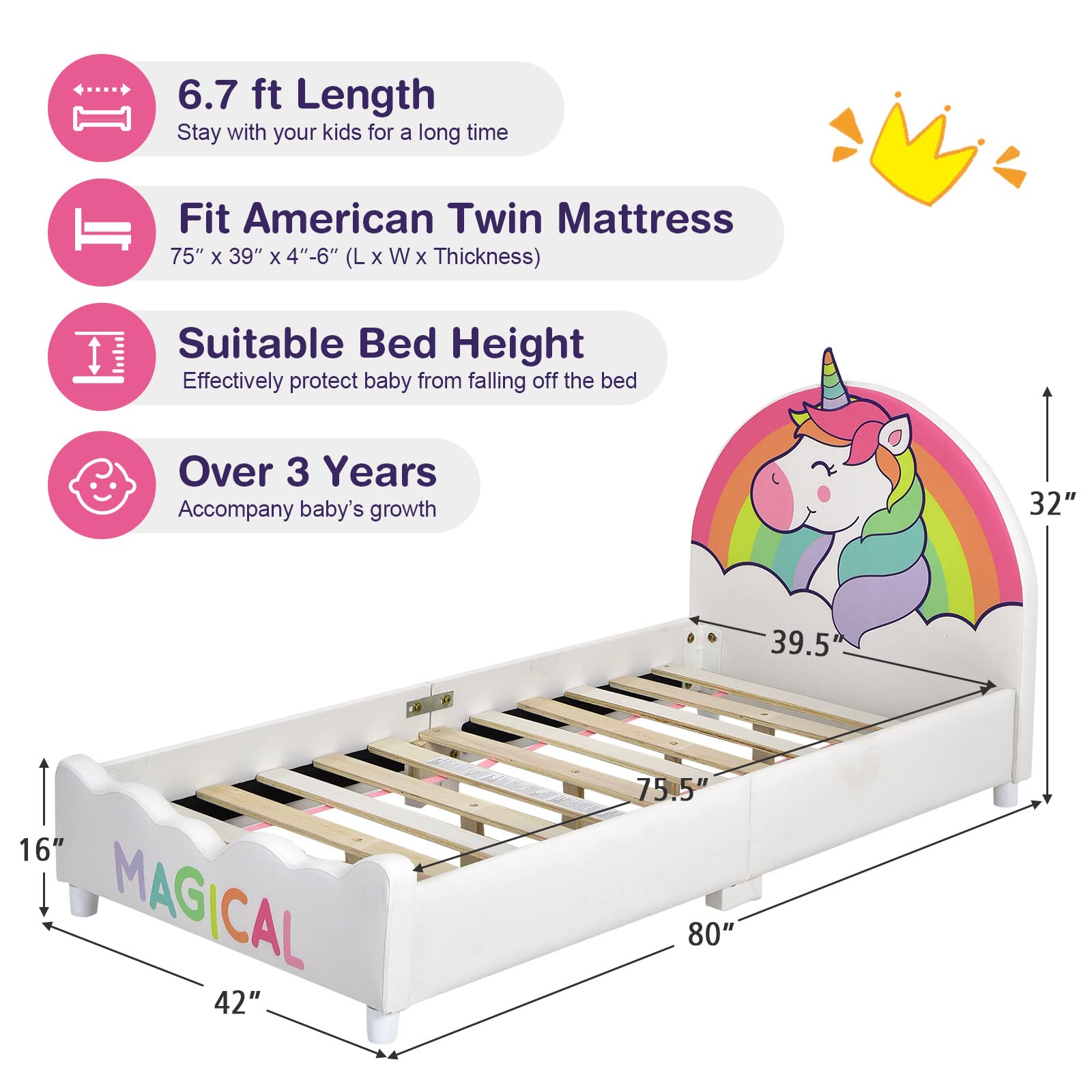 Kids Bed, Toddler Upholstered Platform Floor Bed w/Headboard & Wooden Slat Base