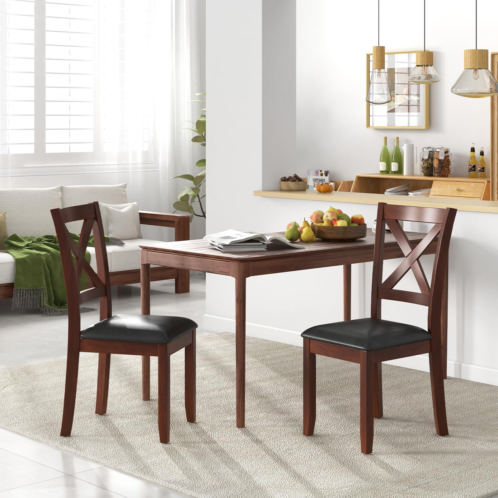 Wood Dining Chairs Set of 2/4, Faux Leather Upholstered Dining Chairs with Rubber Wood Legs