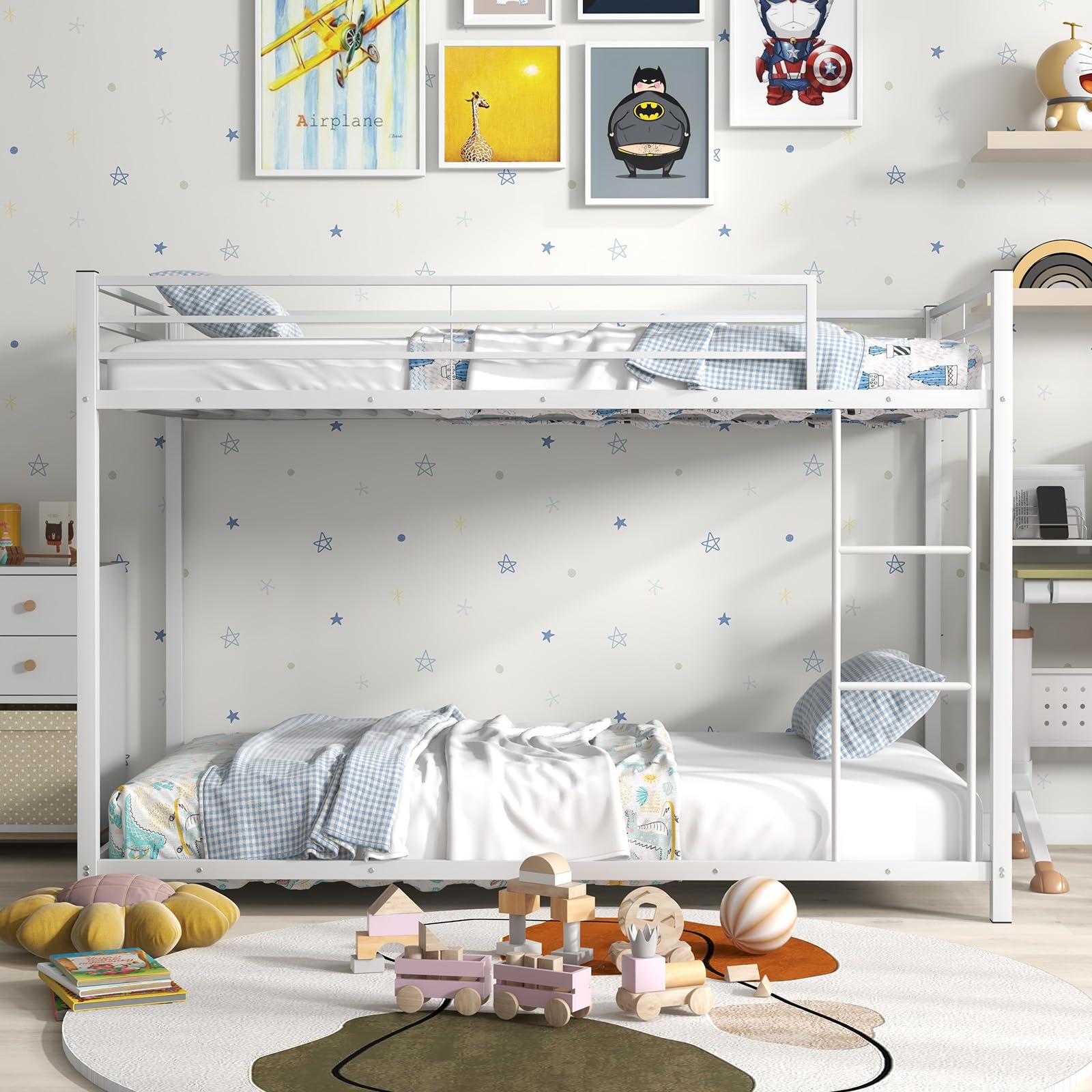 Twin Over Twin Metal Low Profile Bunk Bed with Safety Guard Rails & Side Ladder