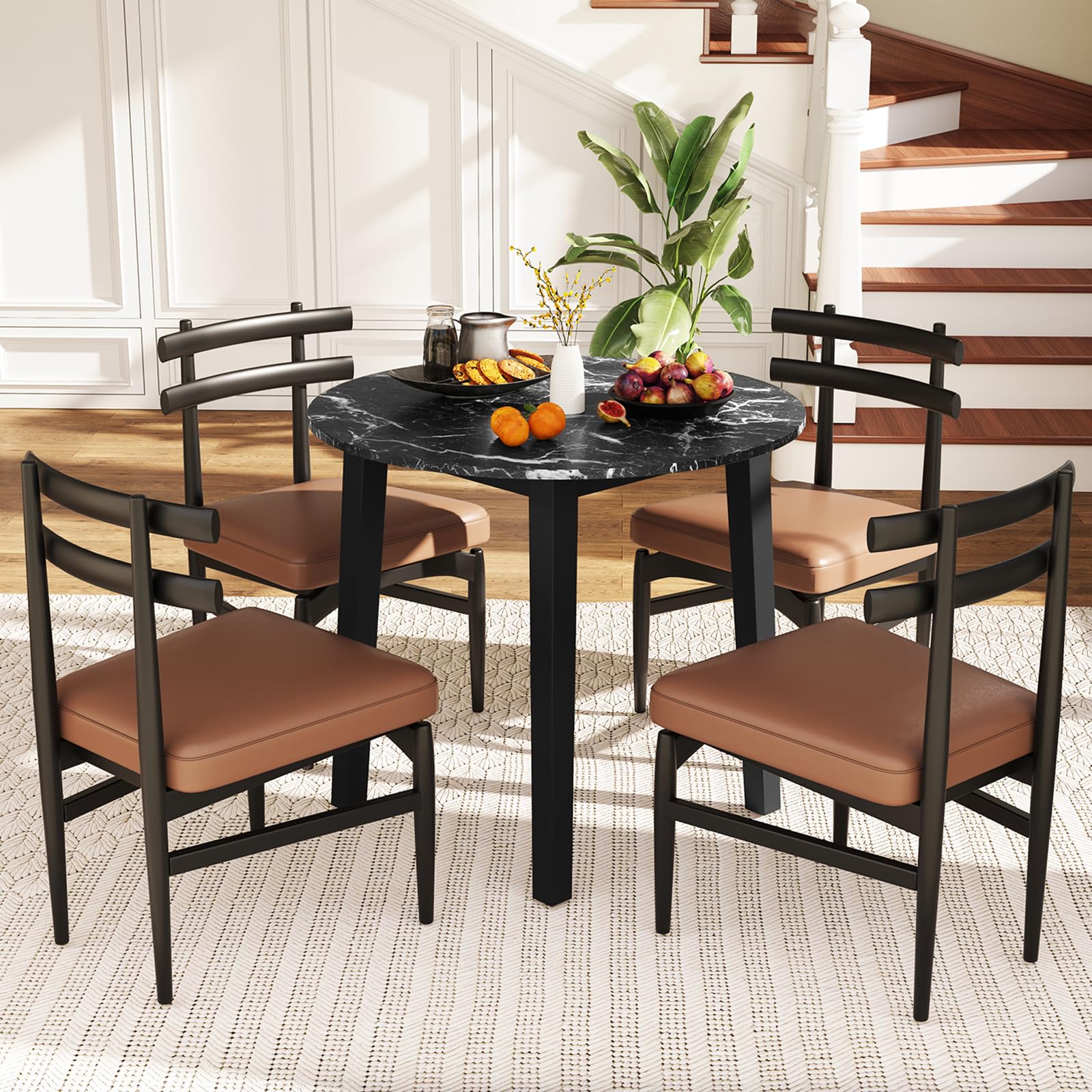 35&rdquo; Round Dining Table - Kitchen Table with Rubber Wood Legs, Marble-Textured Veneer Tabletop
