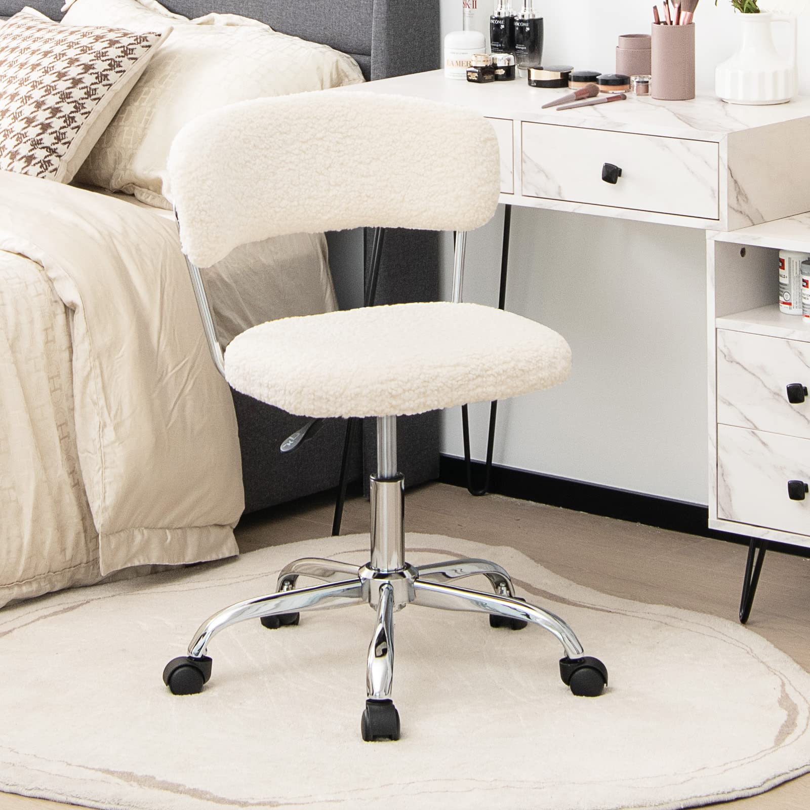 360&deg; Faux Fur Swivel Leisure Chair, Rolling Home Office Chair w/ Wheels & Adjustable Height,