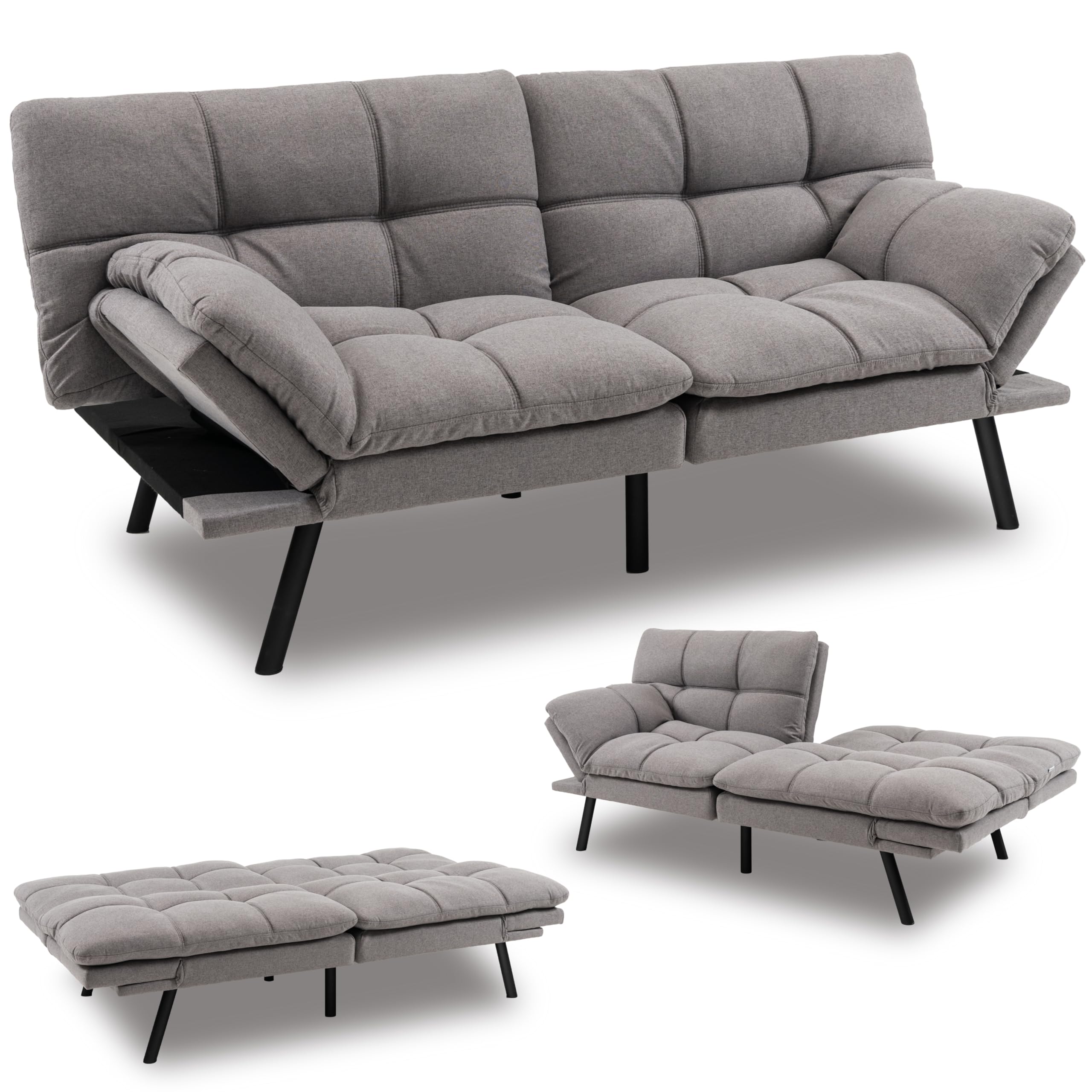 Futon Sofa Bed, Faux Leather Memory Foam Convertible Futon Couch with Adjustable Backrest & Armrests