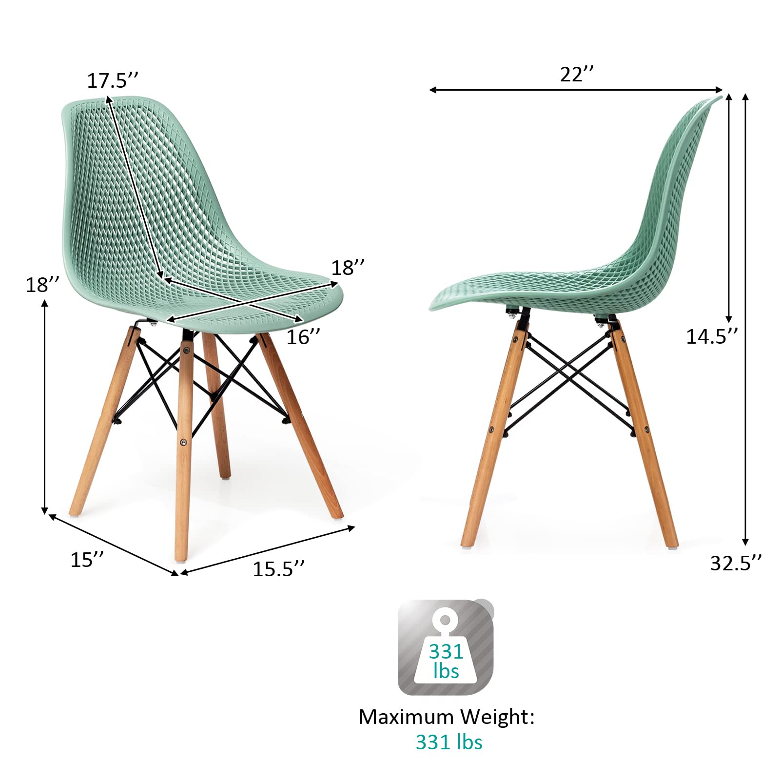 Set of 2/4 Modern Dining Chairs, Outdoor Indoor Shell PP Lounge Side Chairs with Mesh Design, Beech Wood Legs