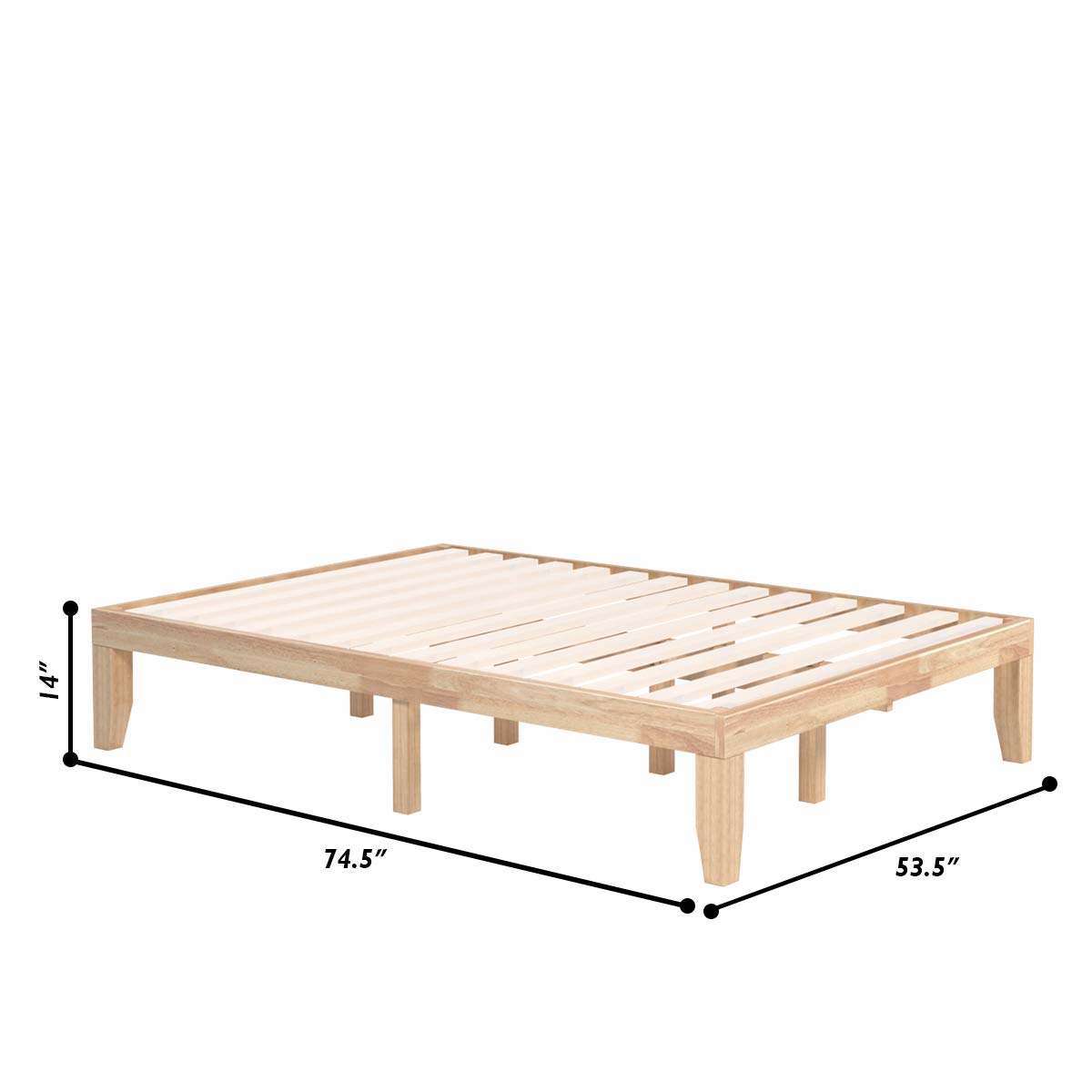 14 Inches Wood Platform Bed Frame, Solid Wood Mattress Foundation with Rubber Wood Frame
