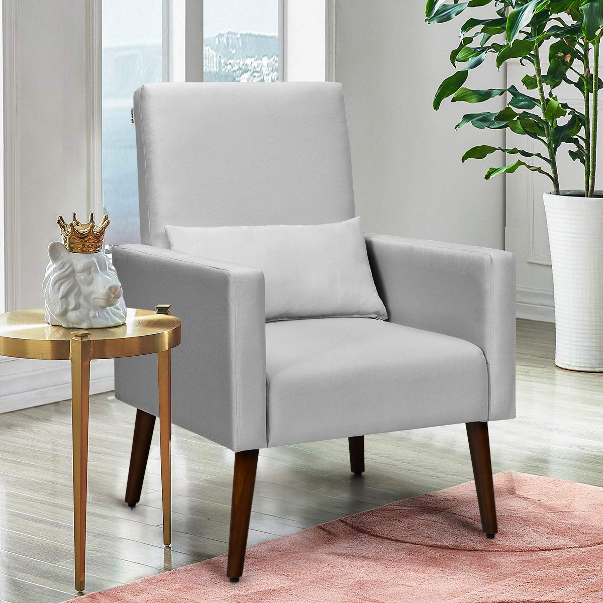 Upholstered Rocking Chair, Modern High Back Armchair, Comfortable Rocker with Fabric Padded Seat, Waist Pillow