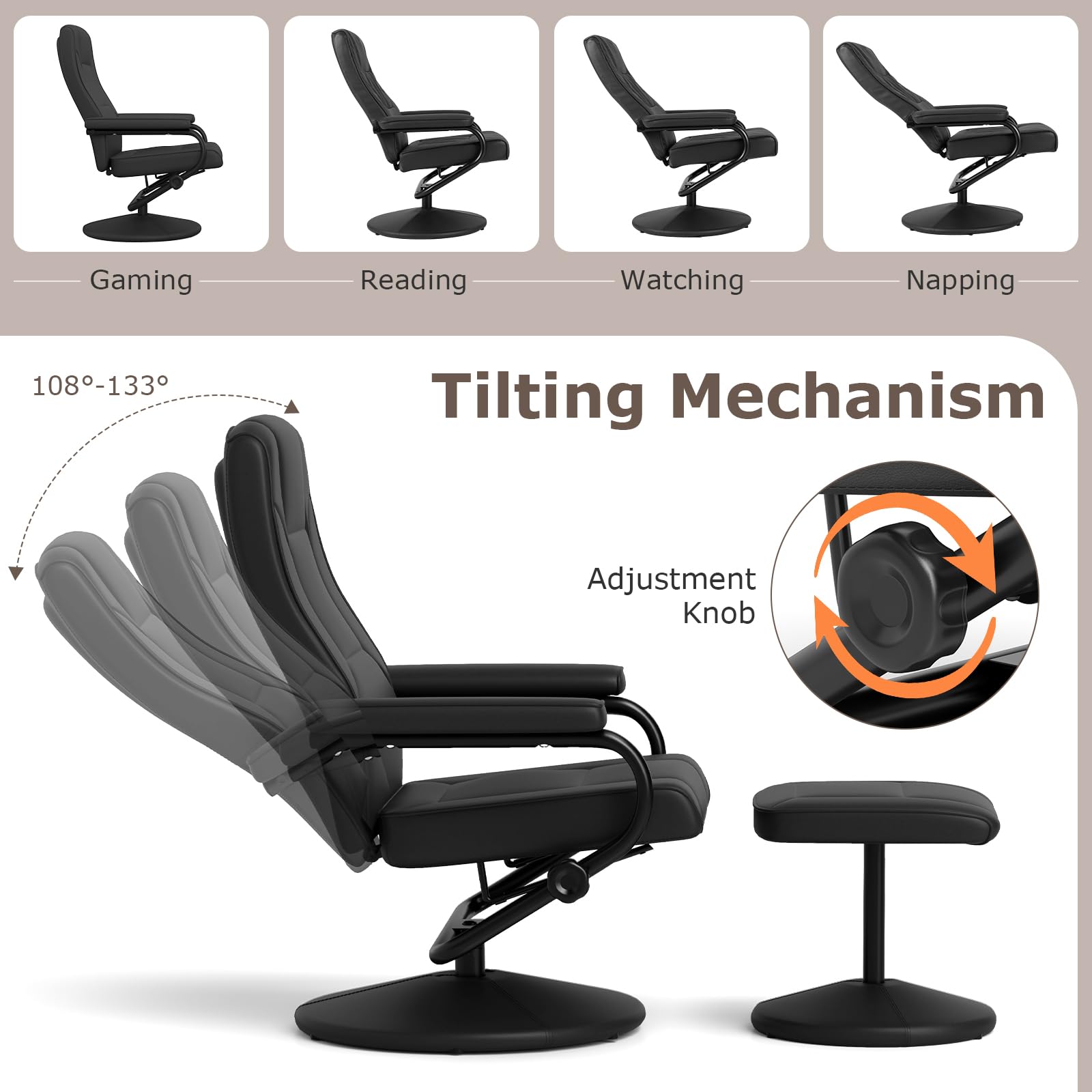 Recliner Chair with Ottoman, 360&deg; Swivel Faux Leather Reclining Chair w/Adjustable Backrest, Footrest