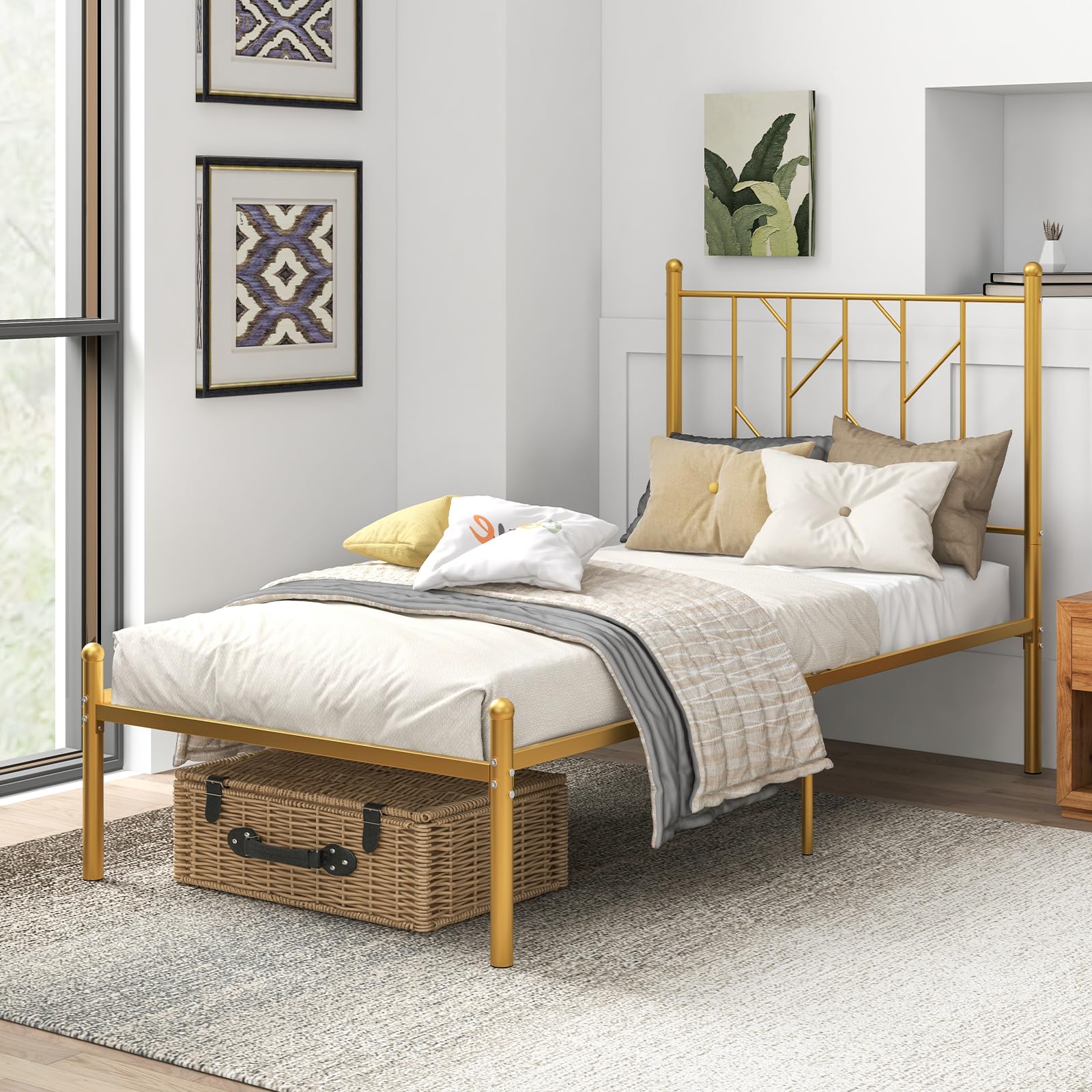Metal Bed Frame with Victorian Style Headboard, 14 Metal Slats Support
