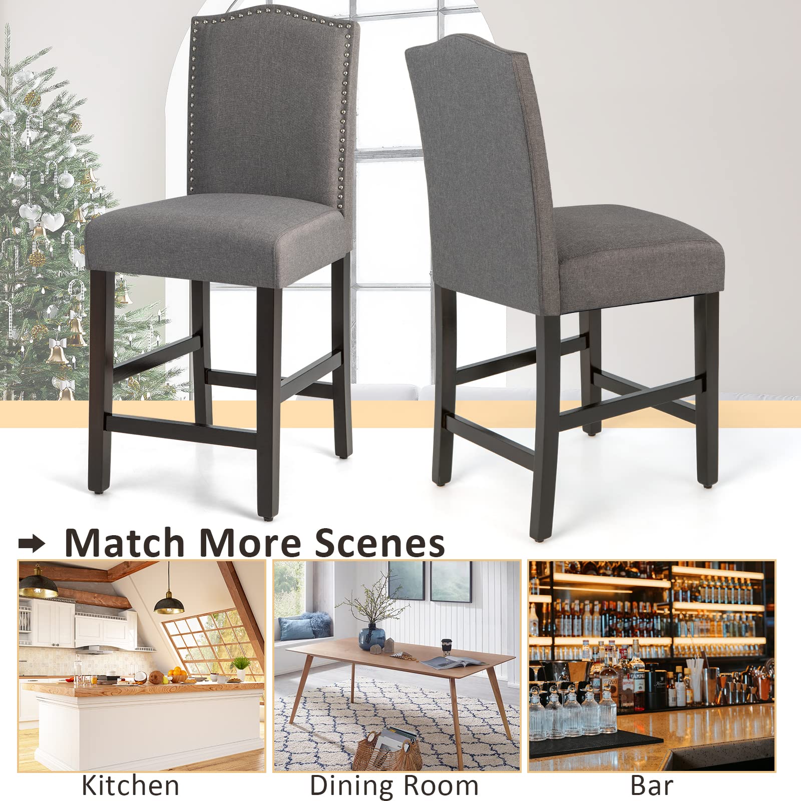 Bar Stools Set of 2/4, Counter Height Bar Dining Chairs with Rubber Wood Legs, Footrest